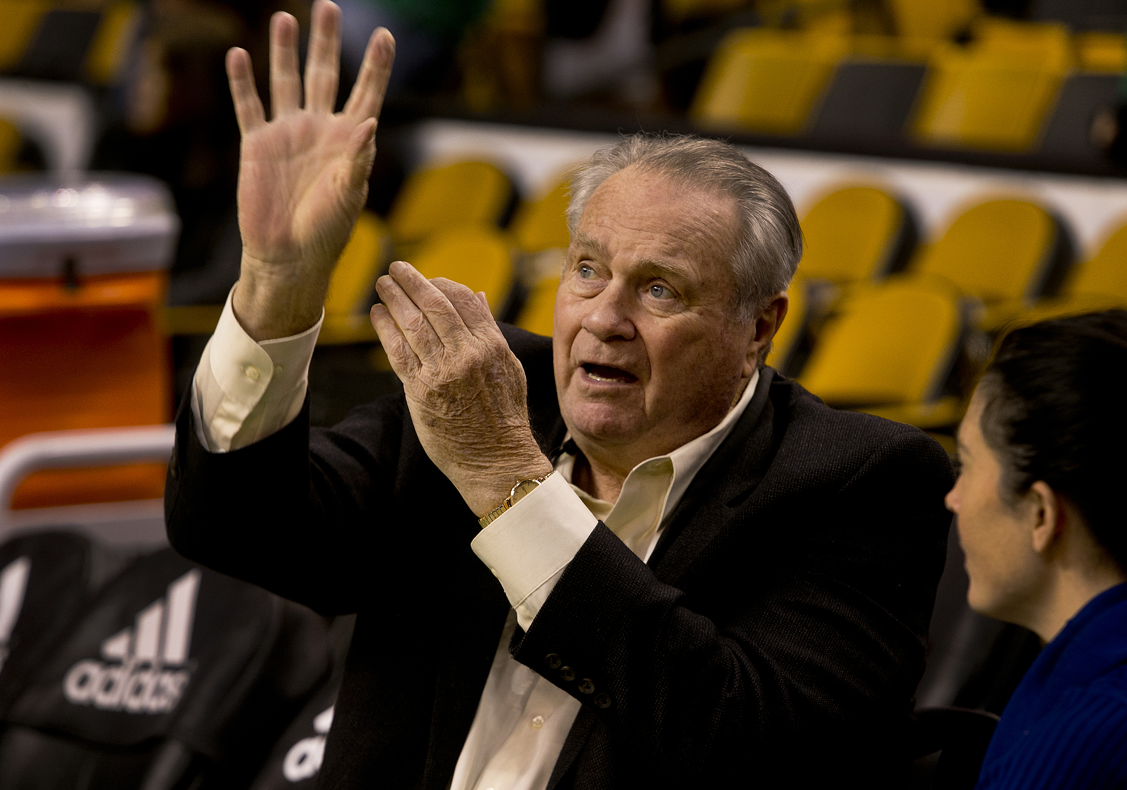 Tom Heinsohn talks with a bystander before a 2014 game at TD Garden.