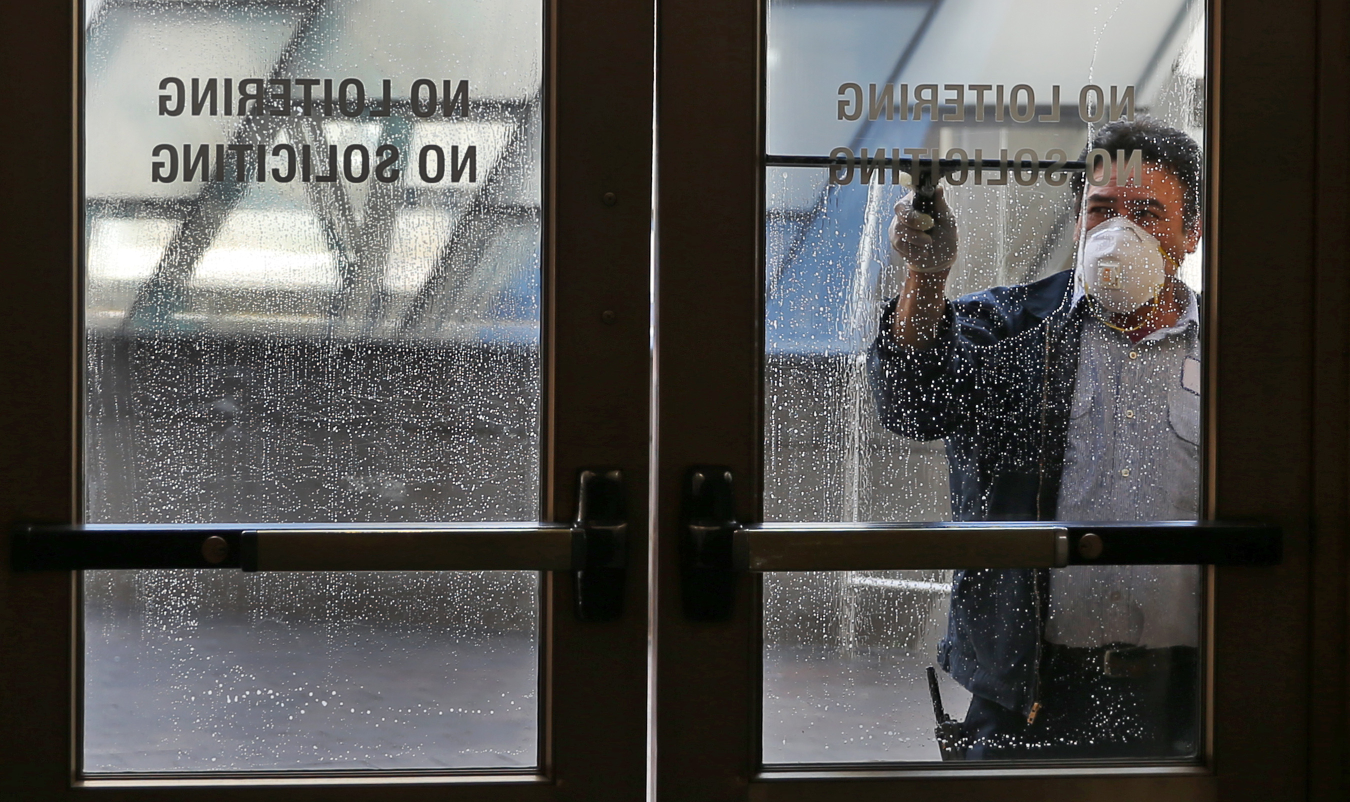 South Station front door windows were washed during the coronavirus pandemic.