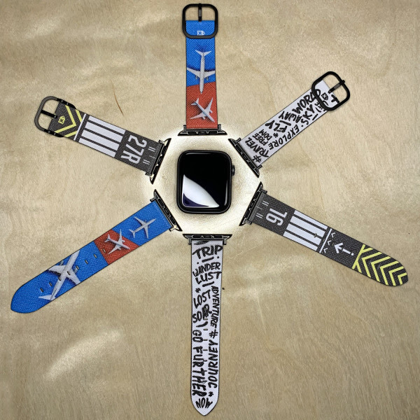 Airport geeks can now get flight recorder, airport code, and boarding pass-themed Apple custom watchbands from Airportag.