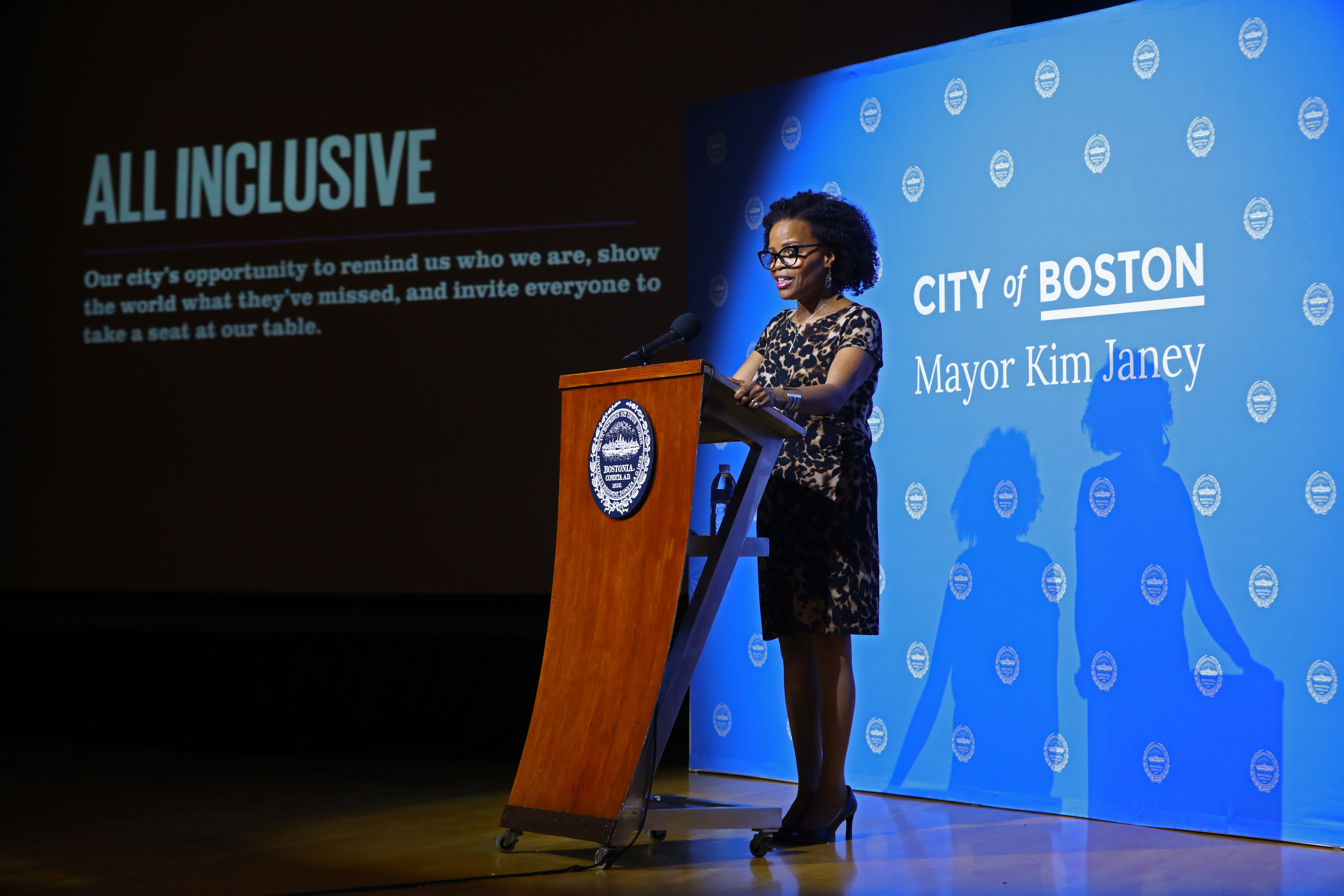 Acting Mayor Kim Janey announced the All Inclusive Boston campaign, during a press conference in Hibernian Hall on Monday.