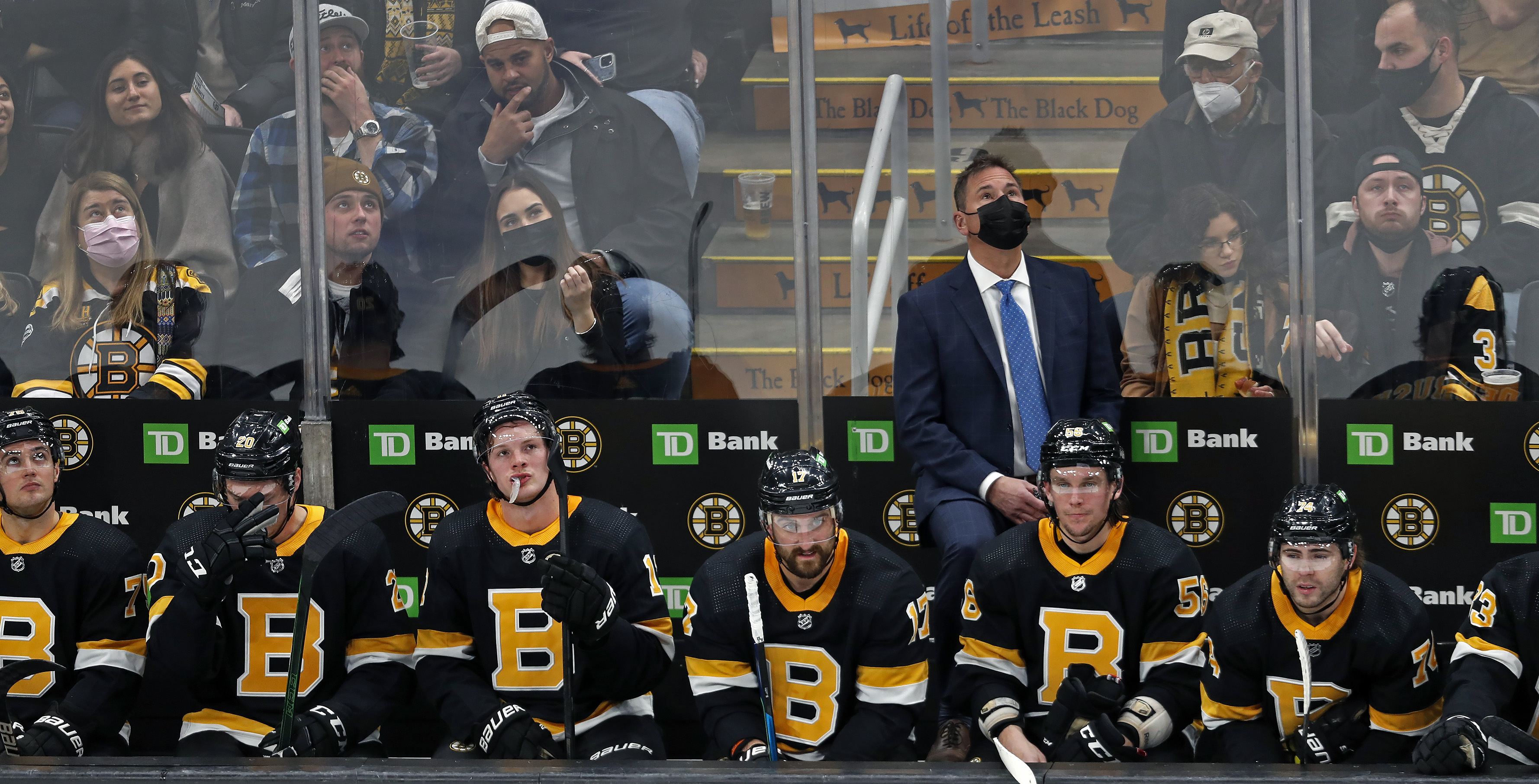 Bruce Cassidy, as well as players and fans, react to the replay of the goal that Vegas scored in the final second of the first period to go ahead 3-0 Tuesday night at TD Garden.