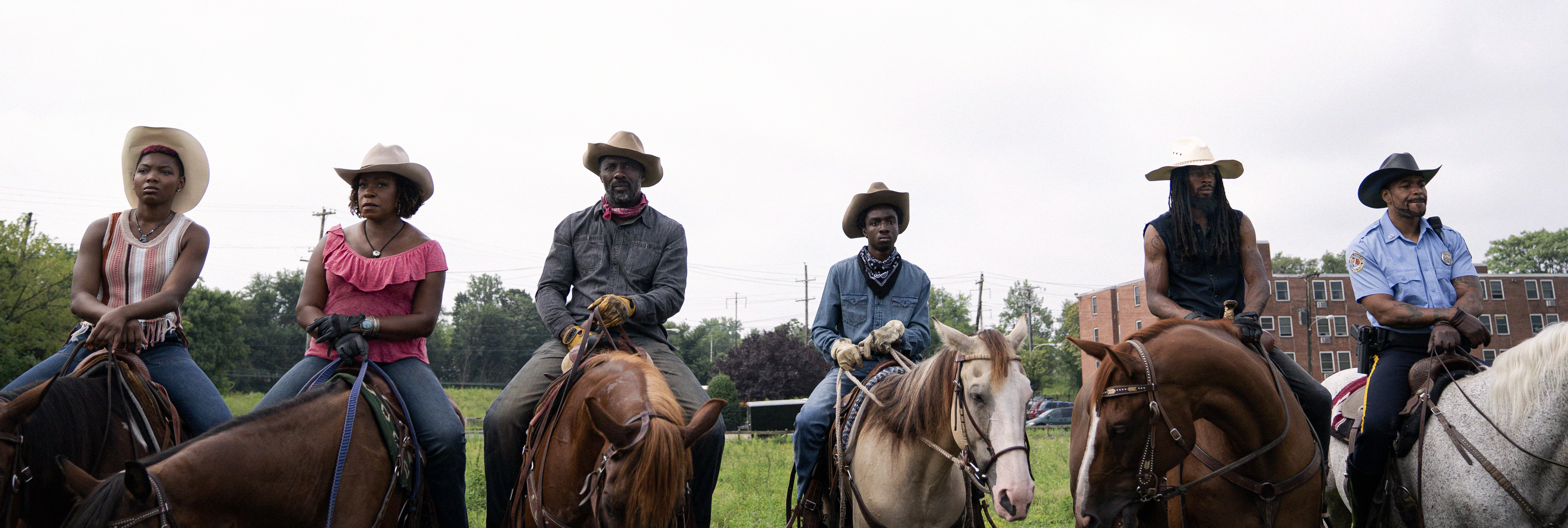 From left: Ivannah-Mercedes, Lorraine Toussaint, Idris Elba, Caleb McLaughlin, Jamil "Mil" Prattis, and Cliff "Method Man" Smith in "Concrete Cowboys."