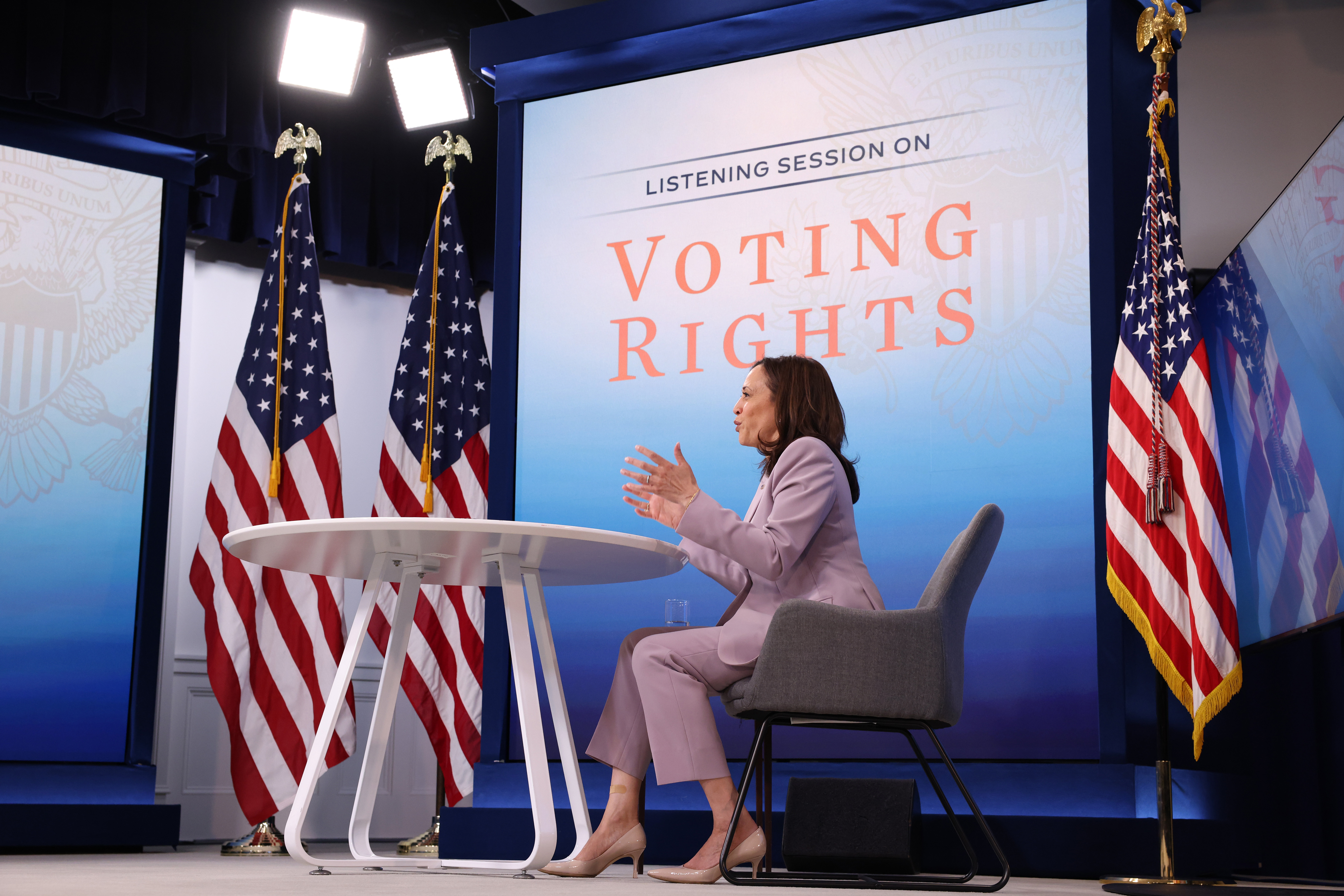 Vice President Kamala Harris gestured as she gave remarks before the start of a virtual listening session on voting rights in June.