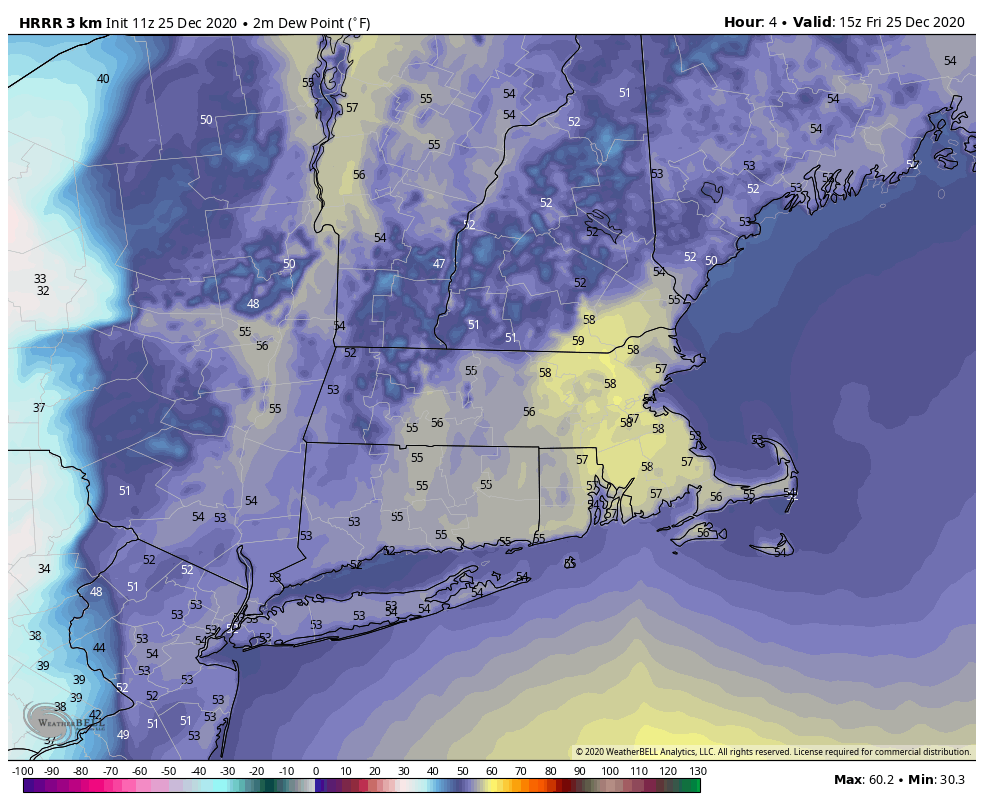 Dew points will remain high Christmas morning.