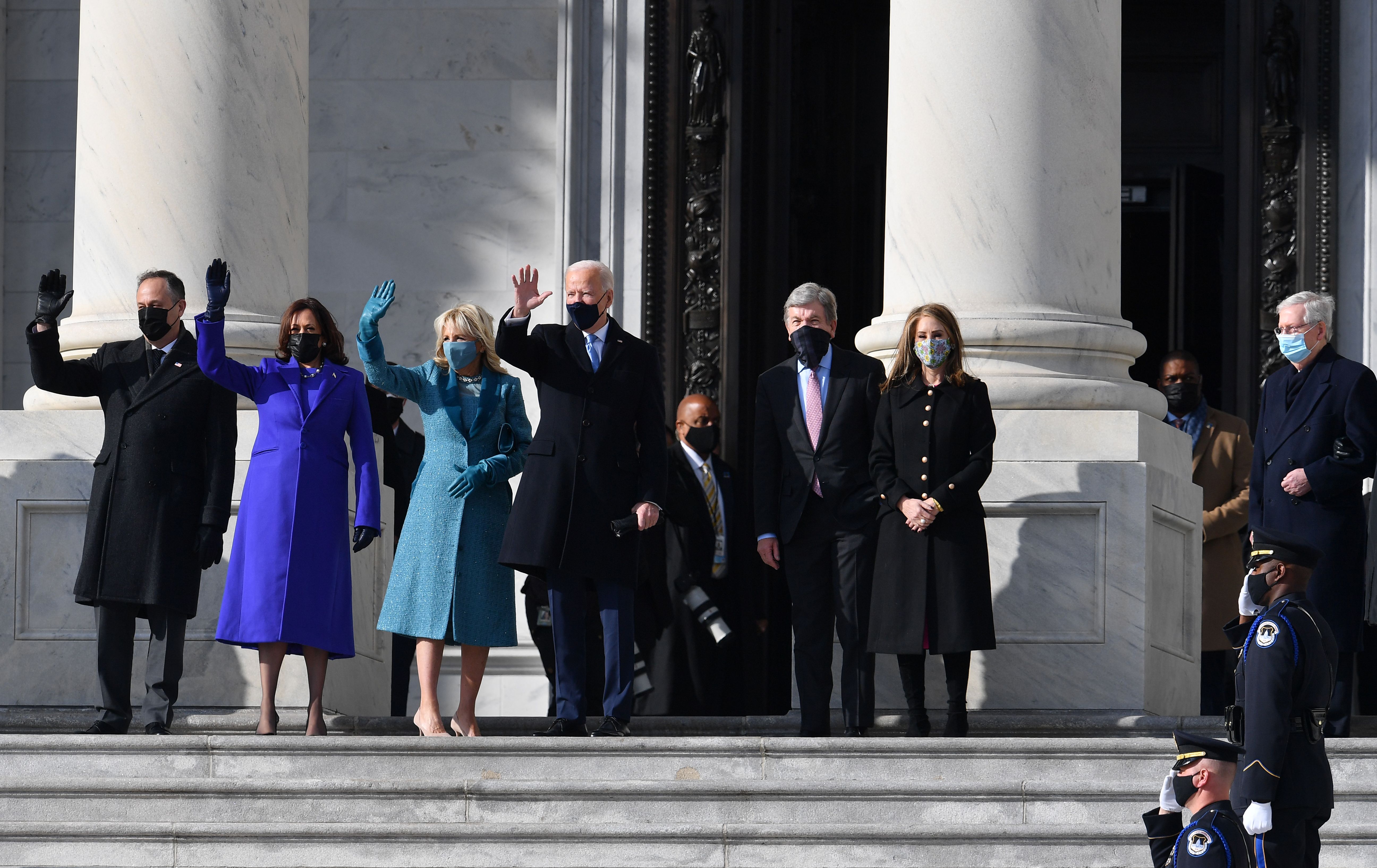From left: Doug Emhoff, Vice President-elect Kamala Harris, incoming First Lady Jill Biden, and President-elect Joe Biden arrive for the inauguration.