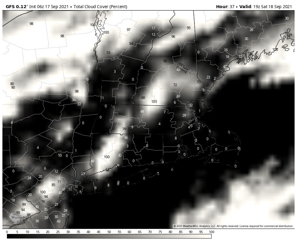 The map above shows the percentage of sky covered by clouds late morning Sunday. Notice many areas have clear skies, or a zero forecast.