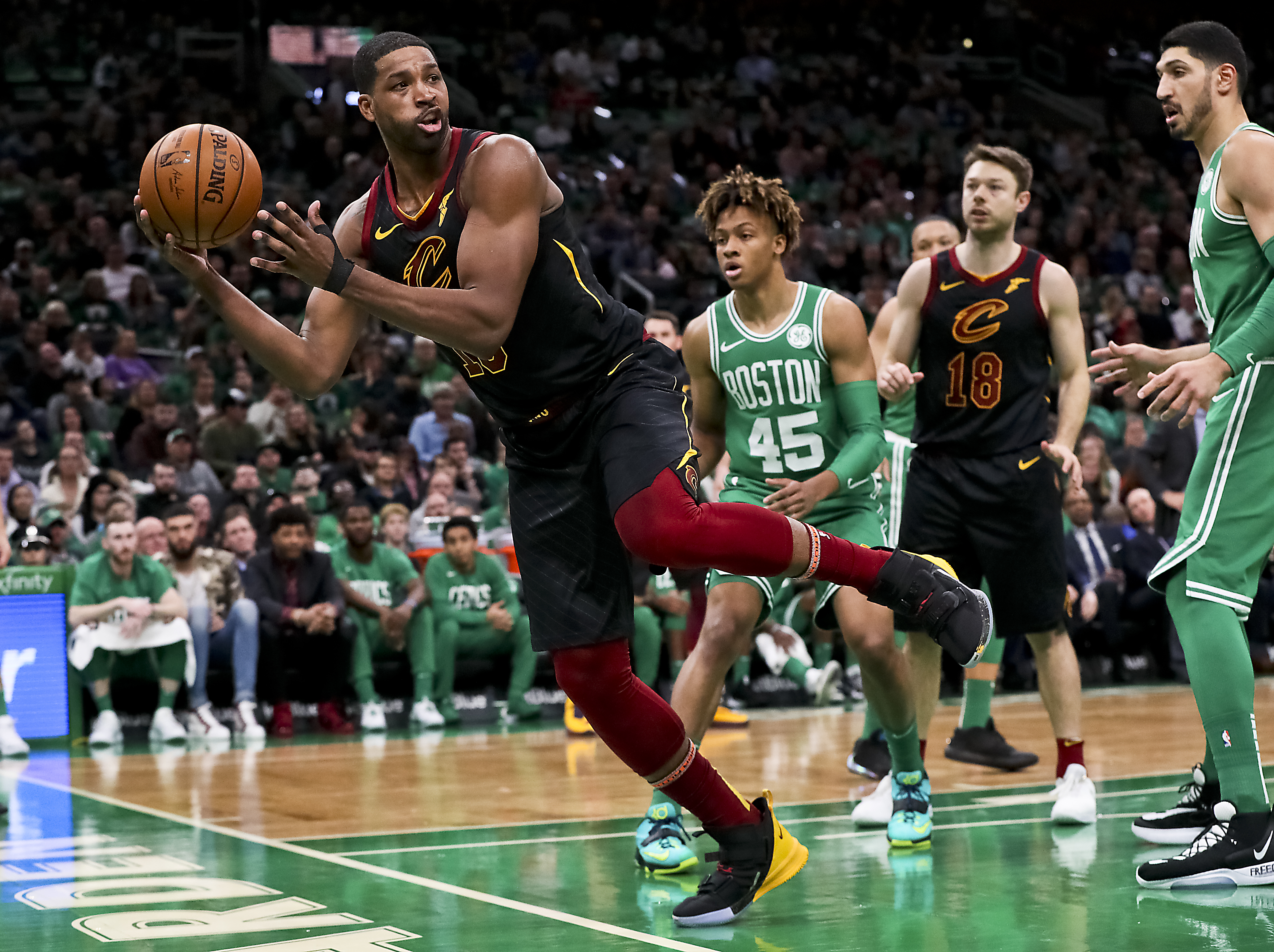 Tristan Thompson saves the ball in a 2019 game against the Celtics at TD Garden.