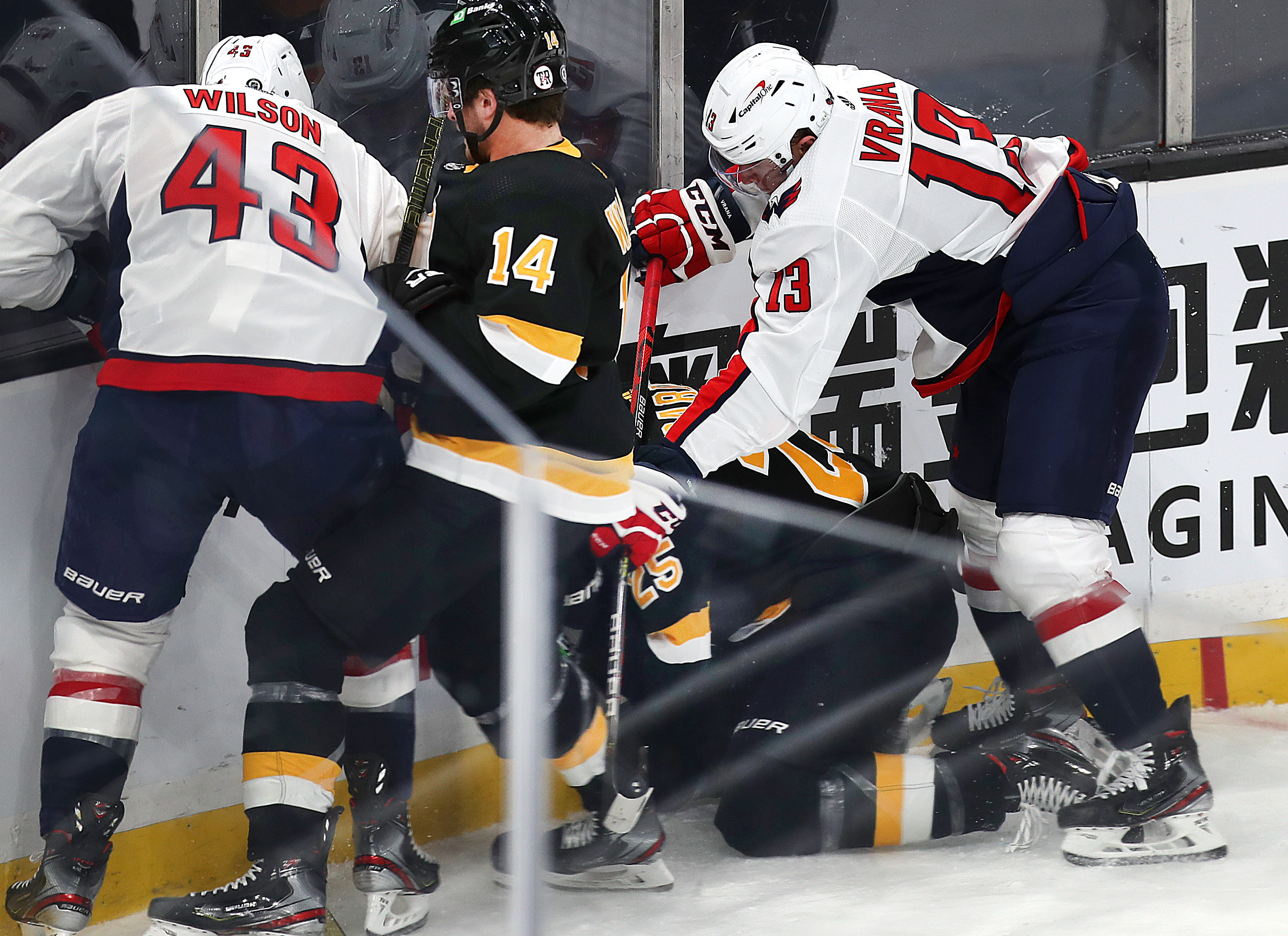 Tom Wilson was suspended seven game for this dangerous hit on Brandon Carlo.