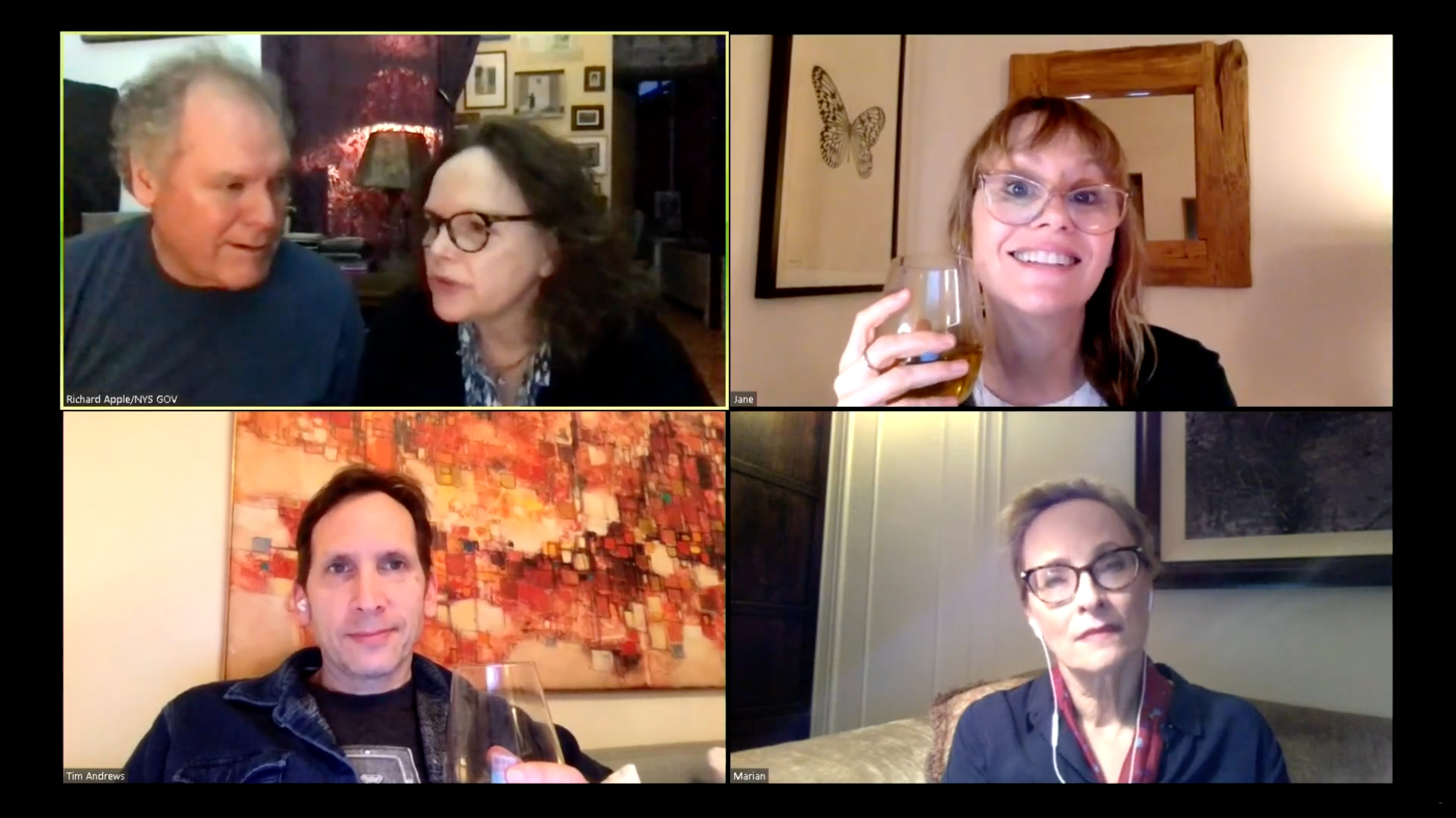 Clockwise from top left: Jay O. Sanders, Maryann Plunkett, Sally Murphy, Laila Robins, and Stephen Kunken in the livestreamed world premiere of the Apple Family play, "What Do We Need to Talk About?"