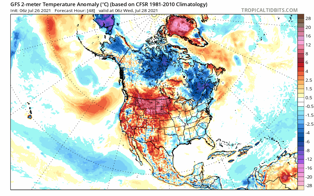 Cooler than average air continues to flow south on and off into August.