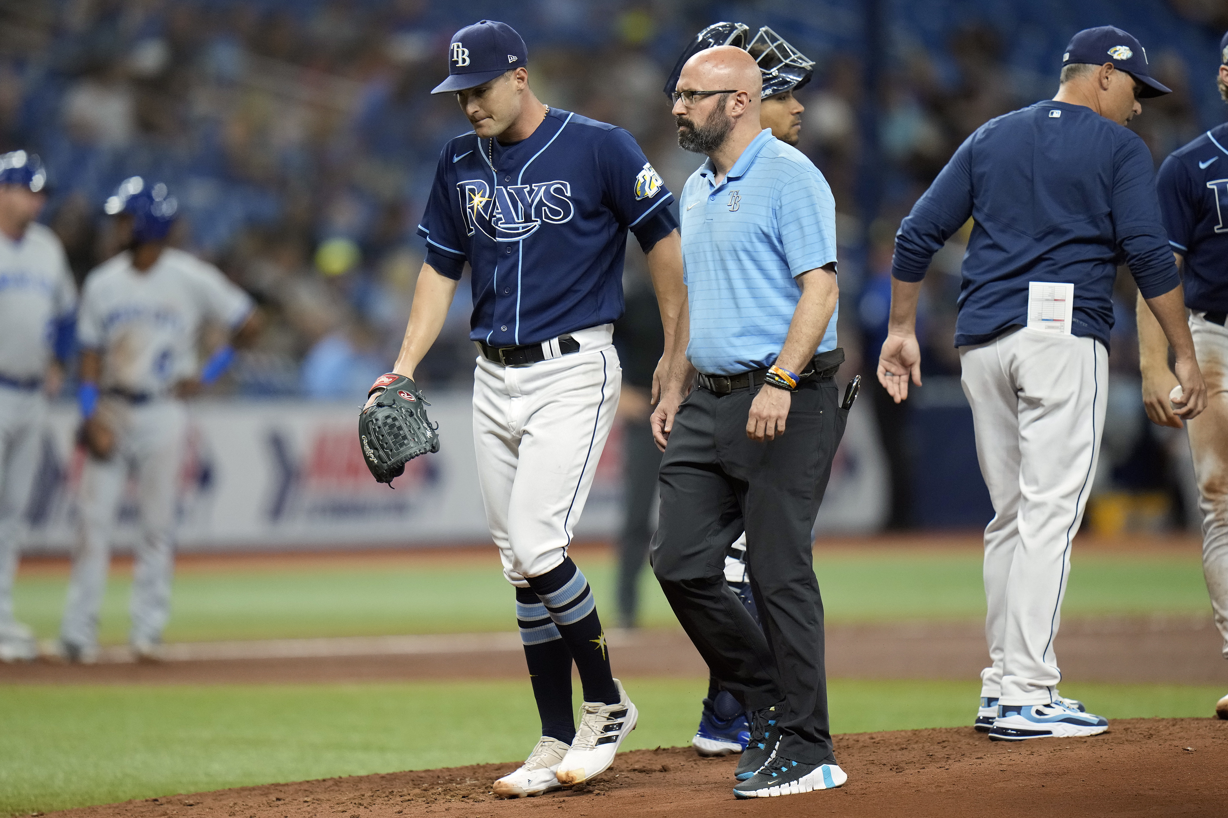 Tampa Bay Rays relief pitcher Jason Adam against the New York Yankees  during the ninth inning of a baseball game Friday, May 5, 2023, in St.  Petersburg, Fla. (AP Photo/Chris O'Meara Stock