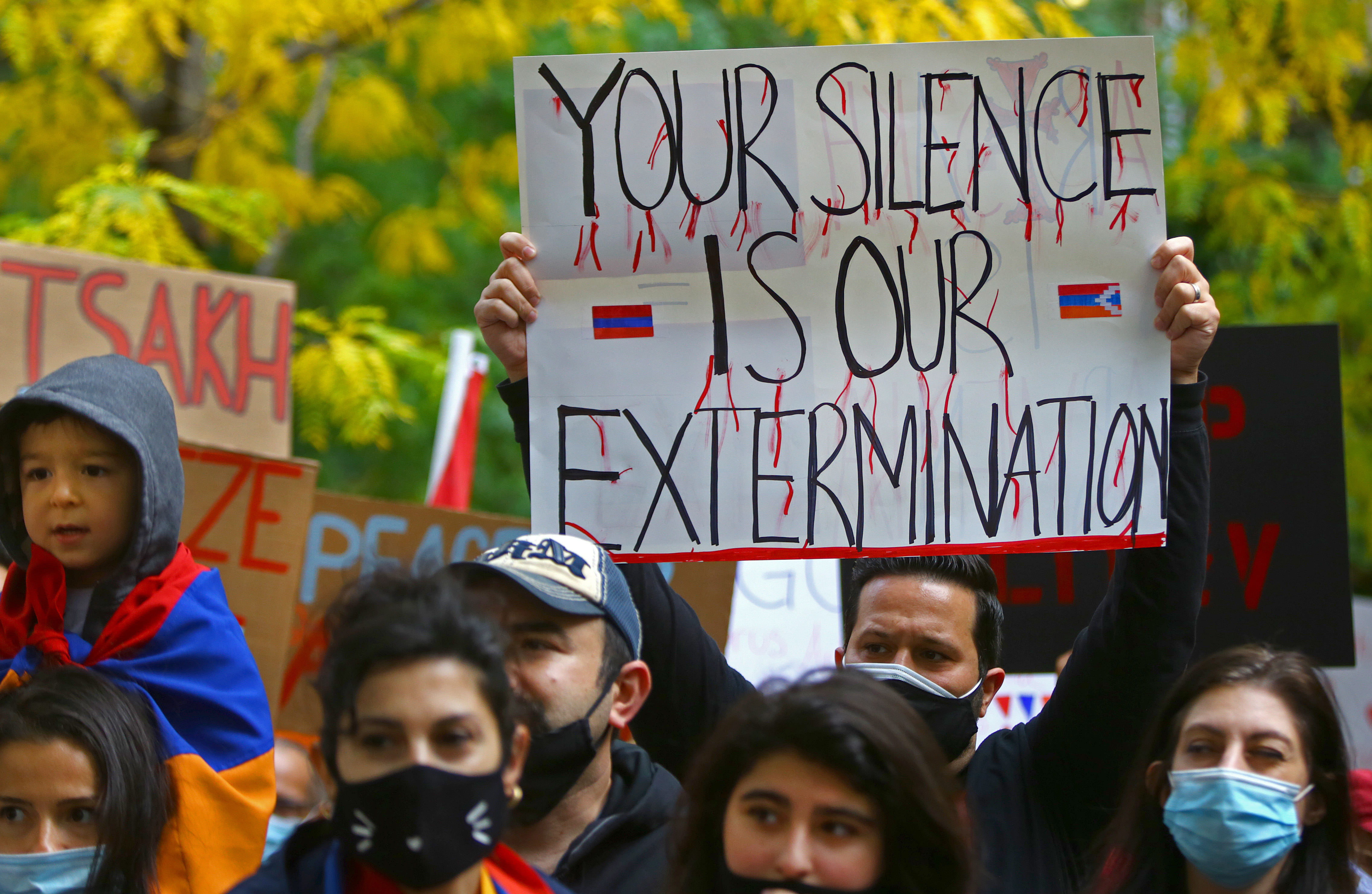 Greater Boston Armenians started their demonstration against Azeri aggression on St. James Avenue and then marched.