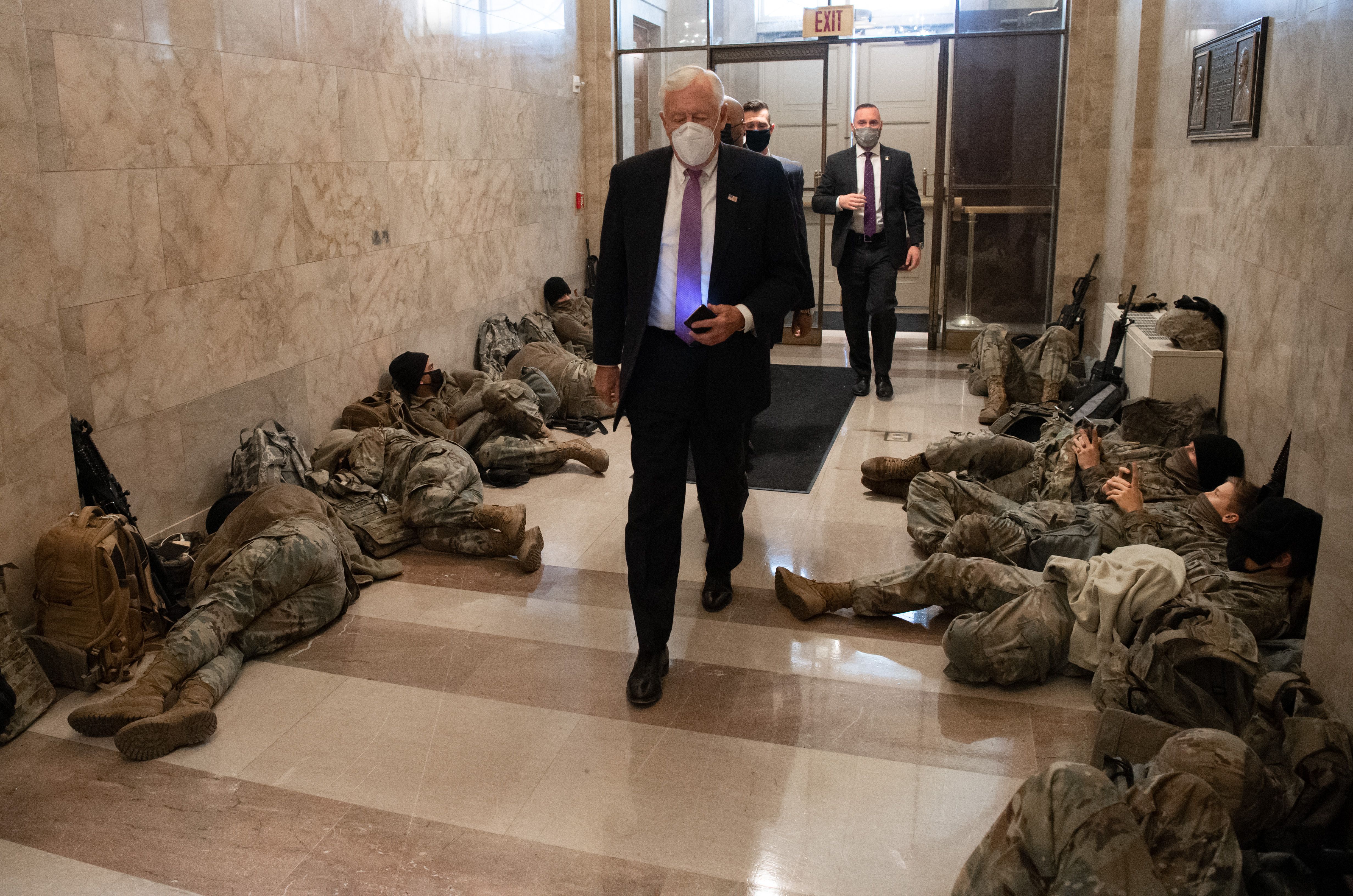 House Majority Leader Steny Hoyer, Democrat of Maryland, walked past members of the National Guard as he arrived at the US Capitol.