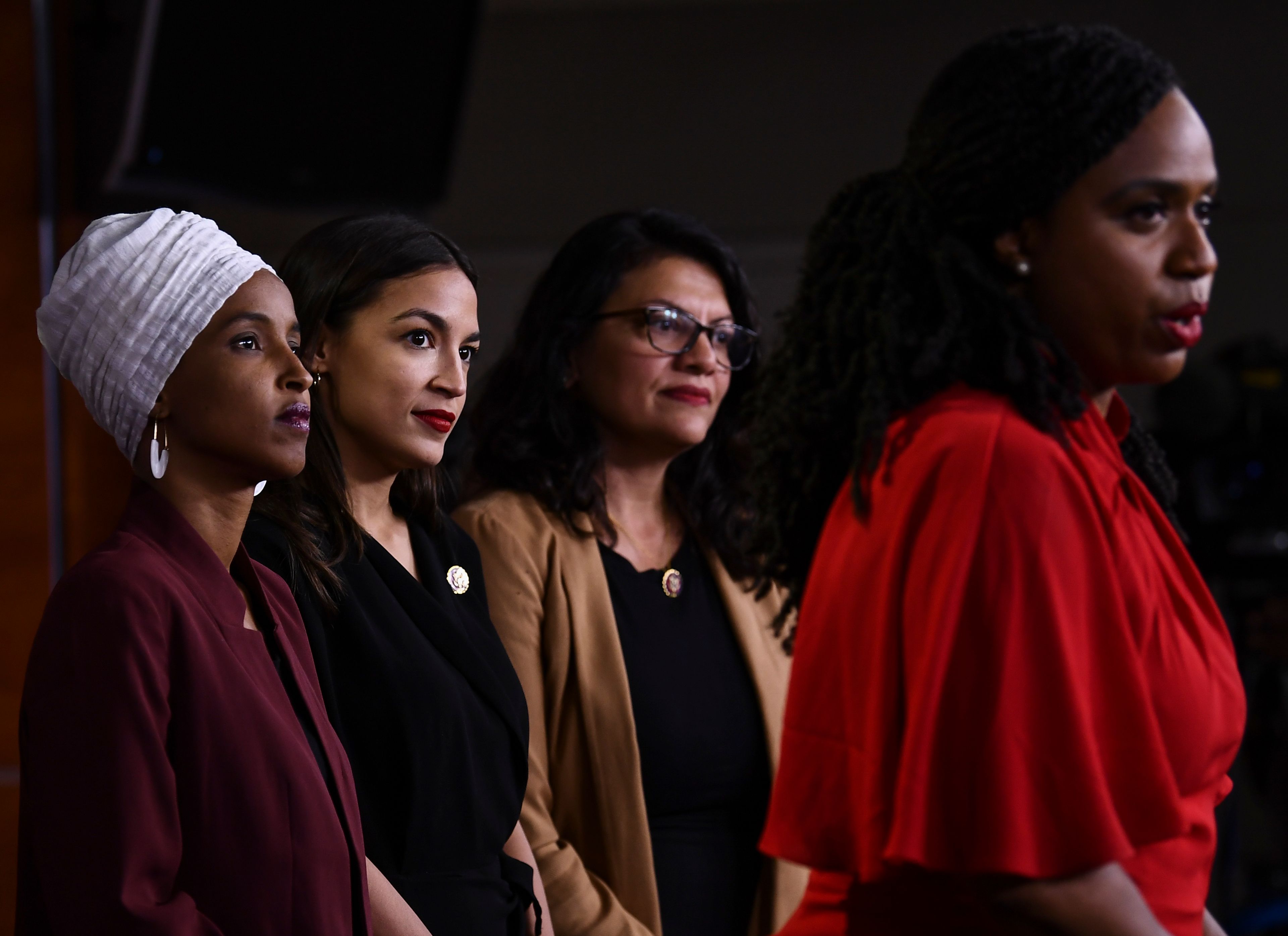 Ayanna Pressley spoke as, Ilhan Abdullahi Omar (D-MN)(L), Rashida Tlaib (D-MI) (2R), and Alexandria Ocasio-Cortez (D-NY) held a press conference, to address remarks made by President Trump on July 15, 2019 at the Capitol.