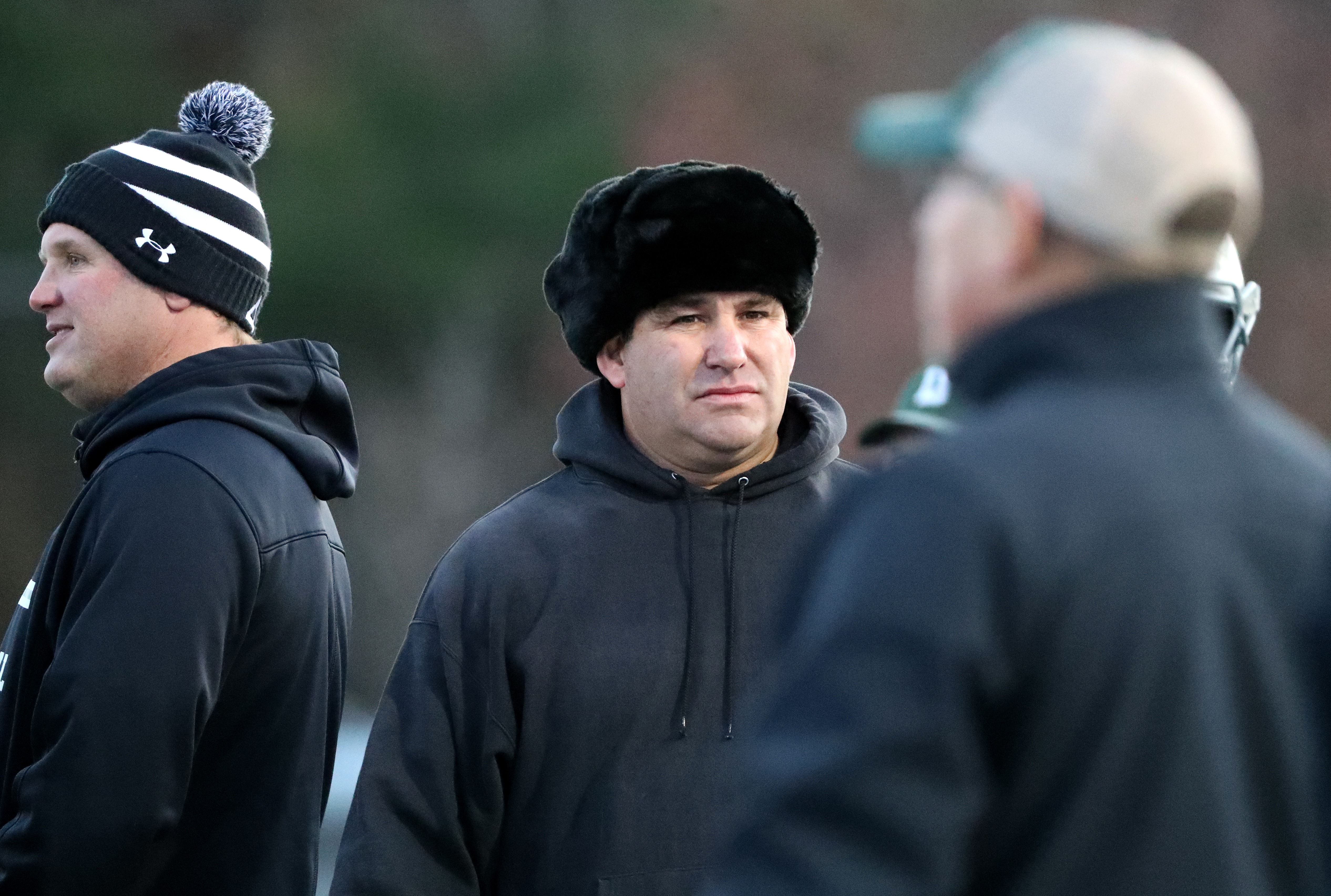 Duxbury High head coach Dave Maimaron on the sidelines against Tewksbury High during the MIAA Division 3 football semifinal at Xaverian Brothers High in 2019.