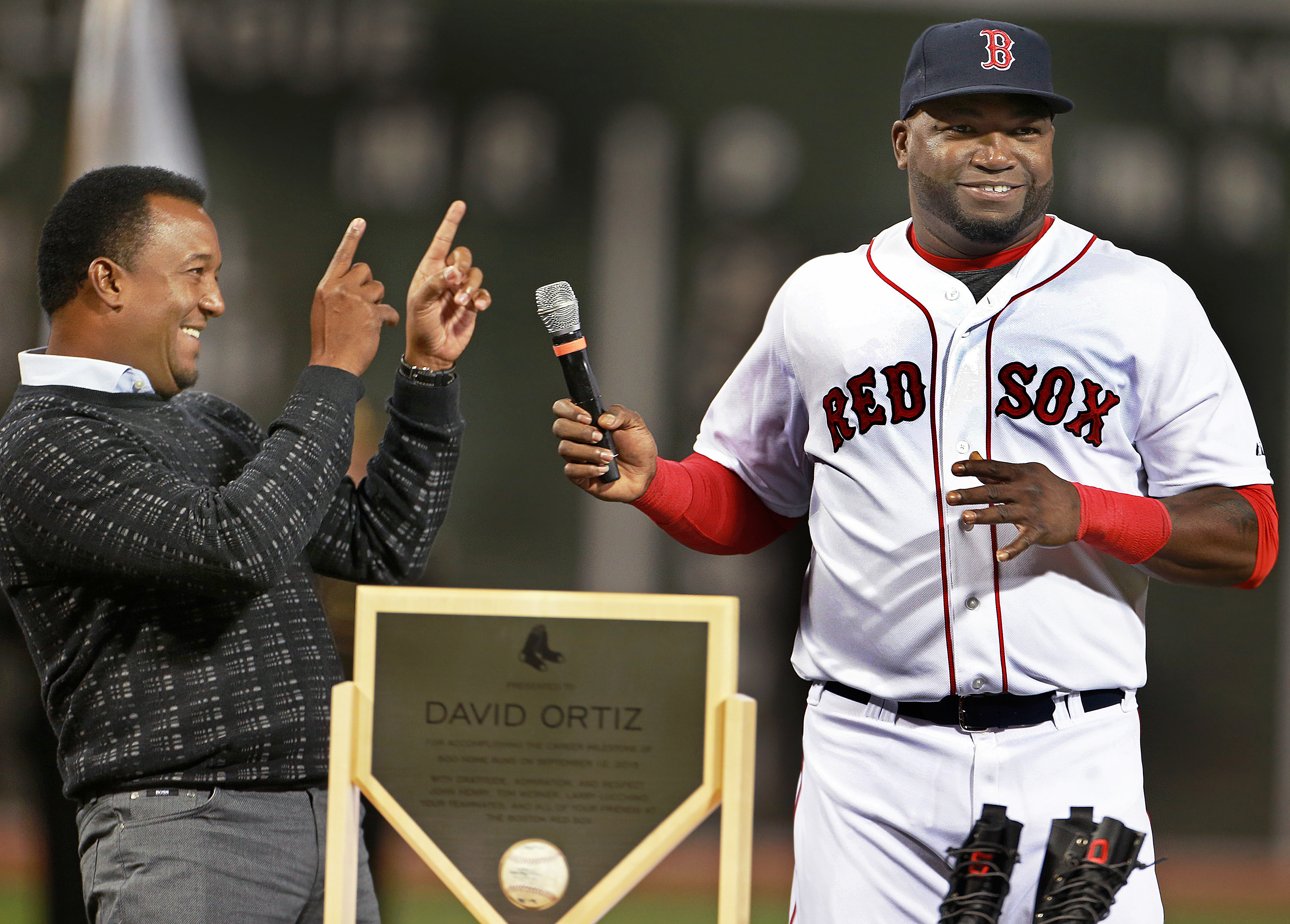 Former teammate and close friend Pedro Martinez joined Ortiz for the ceremony.
