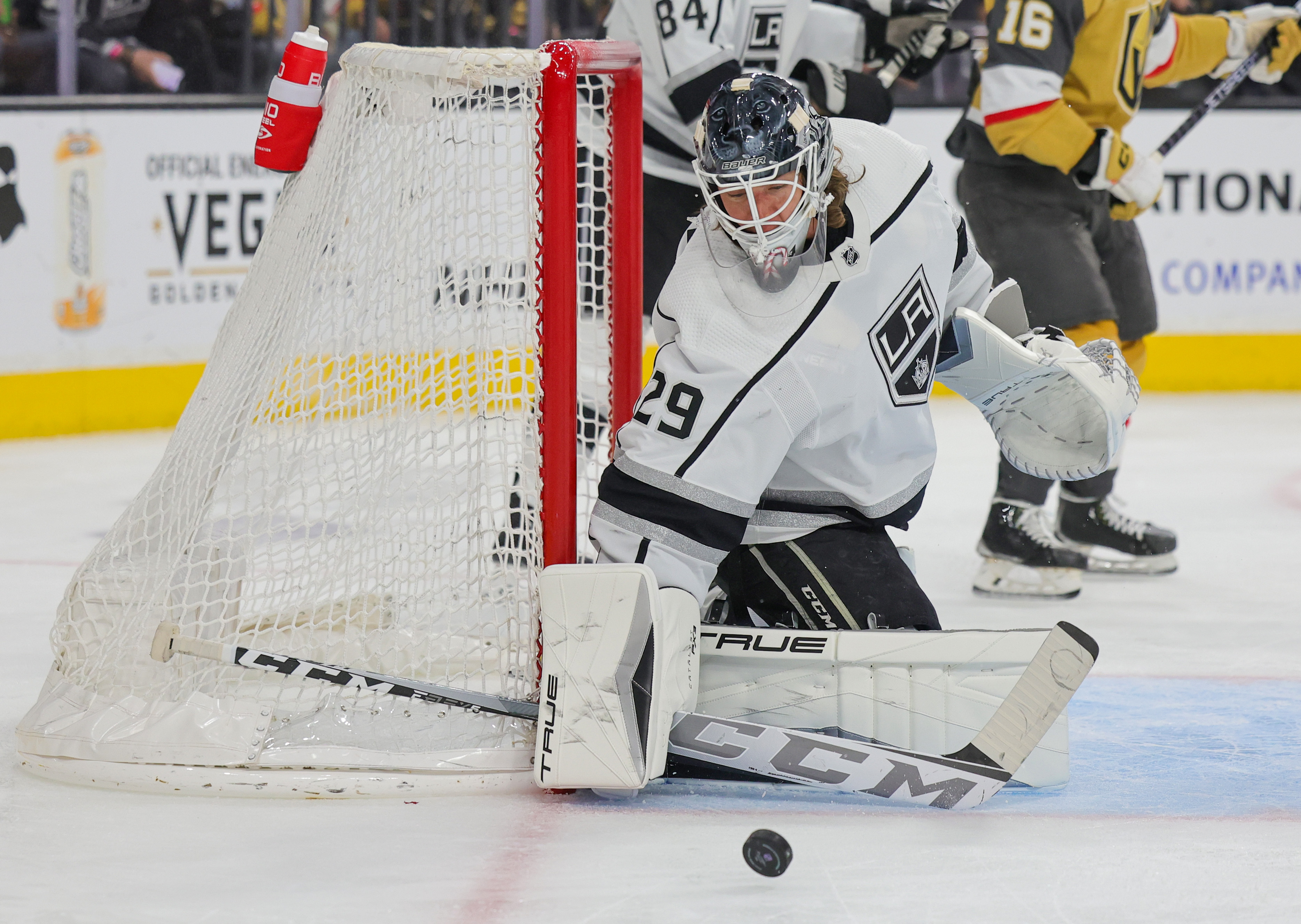 Joonas Korpisalo of the Los Angeles Kings during a stop in play News  Photo - Getty Images