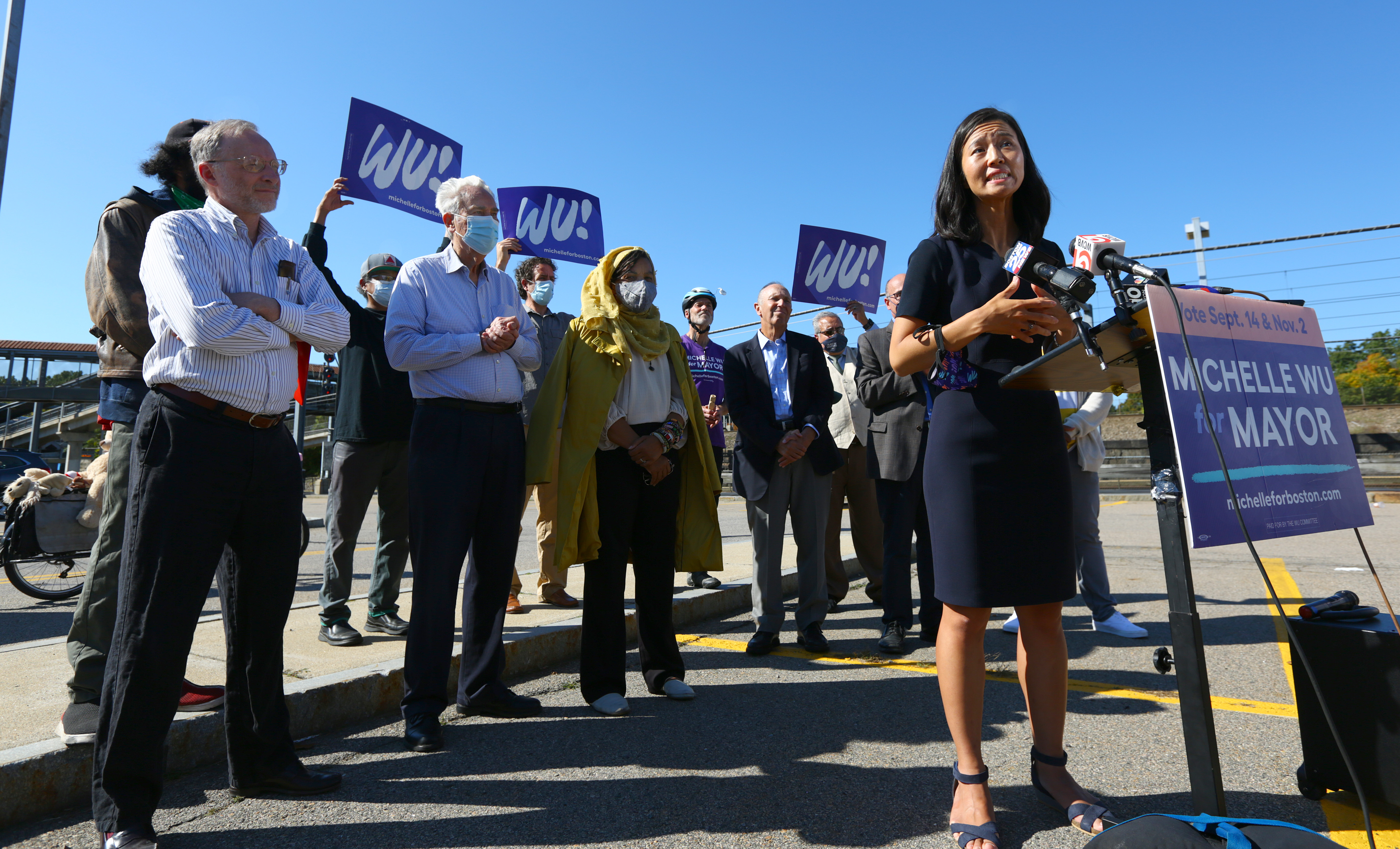 Councilor Michelle Wu spoke at an event at Readville station in Hyde Park on Wednesday.