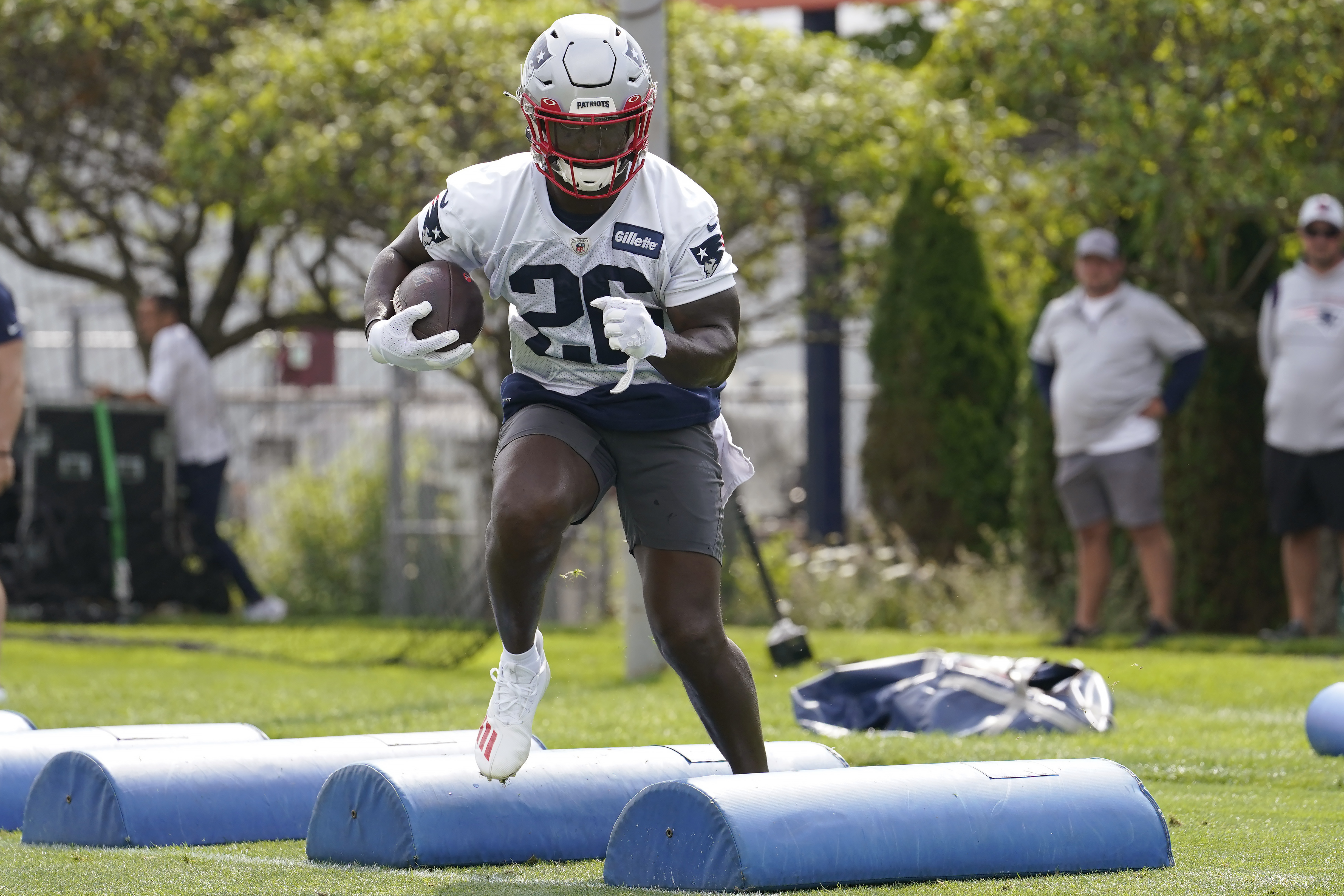 Sony Michel goes through a drill during Thursday's practice in Foxborough.