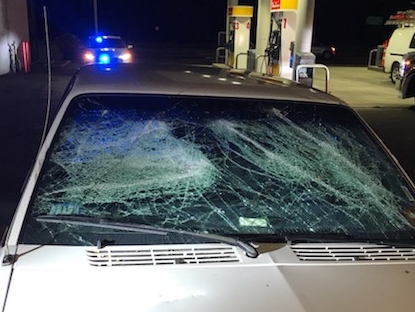 A photo shared by State Police showing the front windshield of a car that was damaged in the incident.