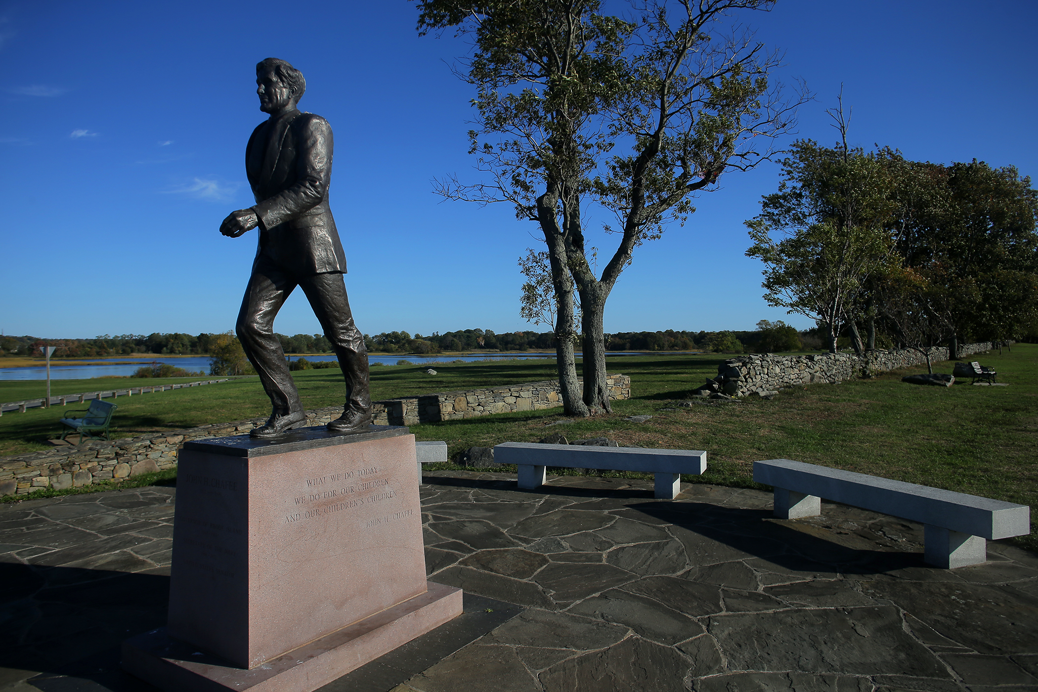 A statue honoring former Rhode Island governor John H. Chafee at Colt State Park in Bristol, R.I.