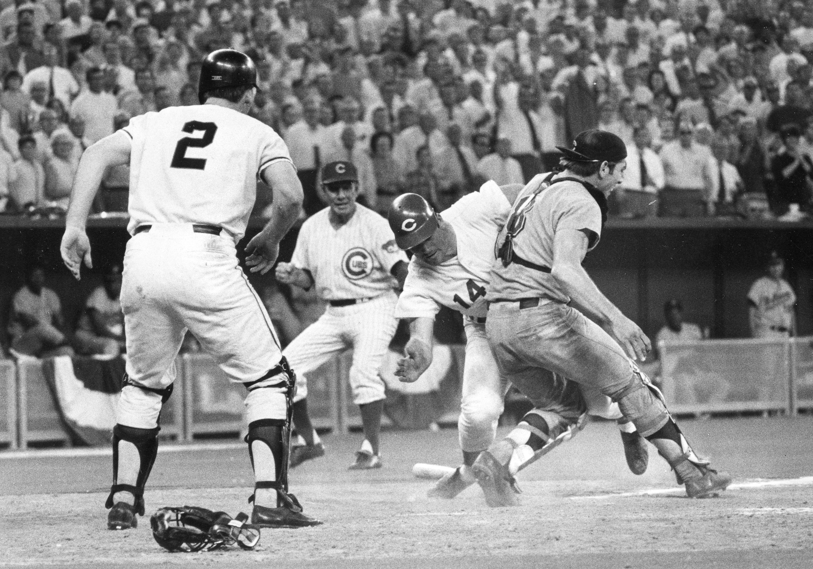 Ray Fosse is steamrolled in the 1970 All-Star Game by Pete Rose, who barreled home with the winning run.