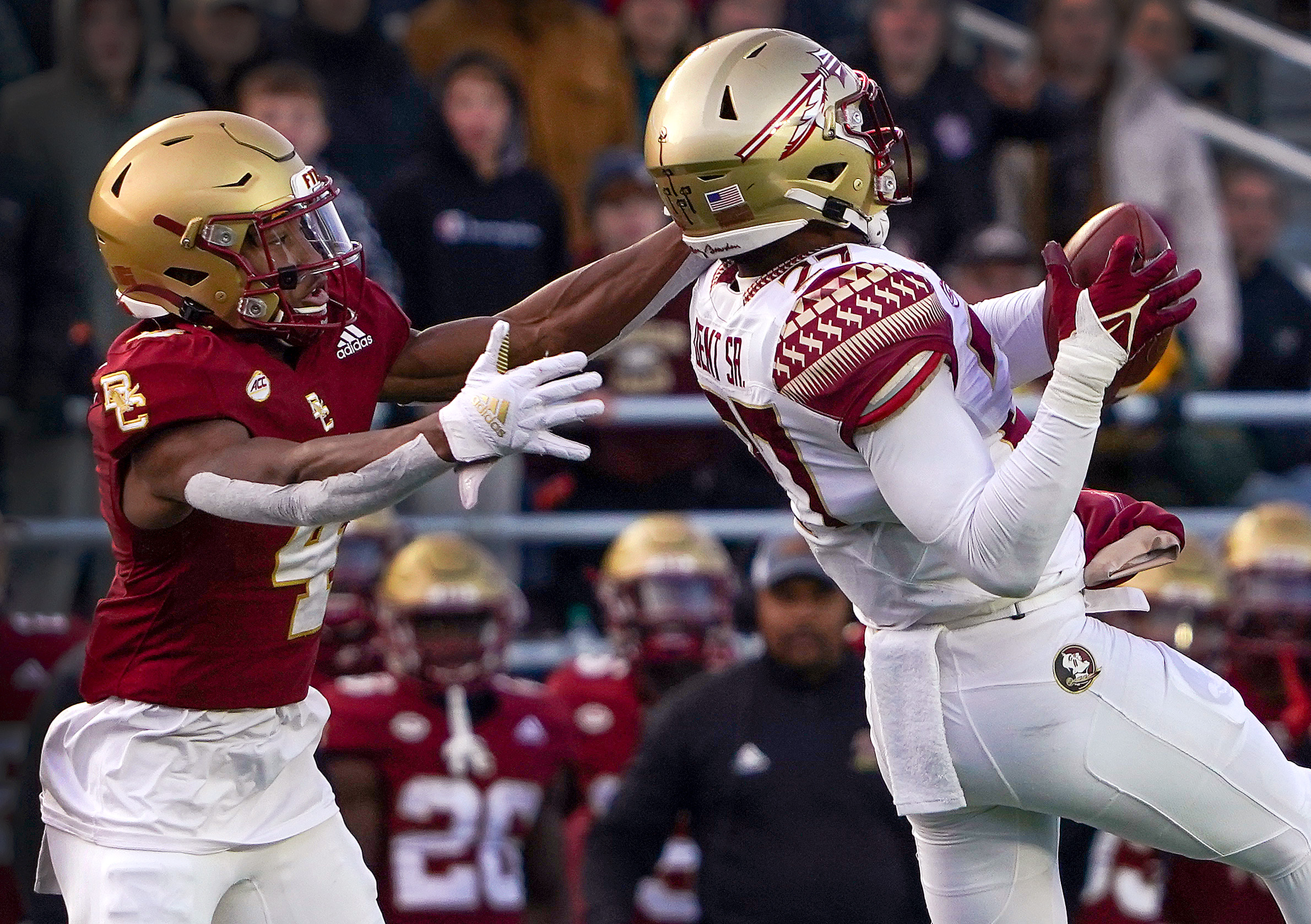 Florida State defensive back Akeem Dent sealed the win with this interception of a pass intended for Boston College Eagles wide receiver Zay Flowers (4) late in the fourth quarter.