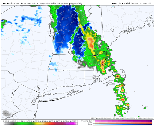 A band of showers with wet snow in northern New England moves through Saturday evening.