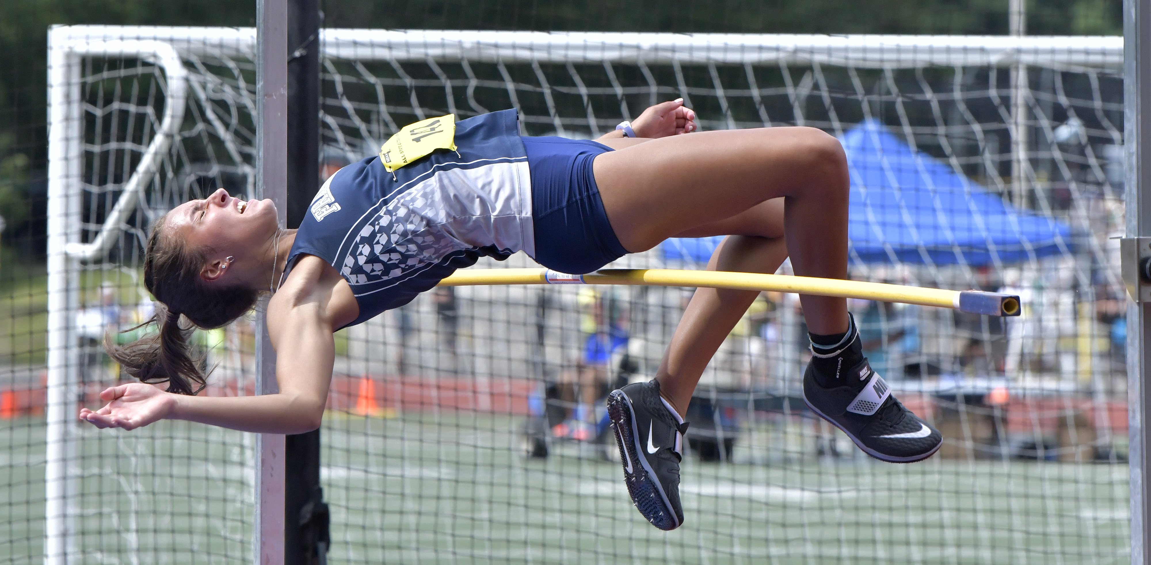 After winning the high jump at 5ft 6in, Sophie Albright of Framingham attempted to break the state competition record of 5-8.