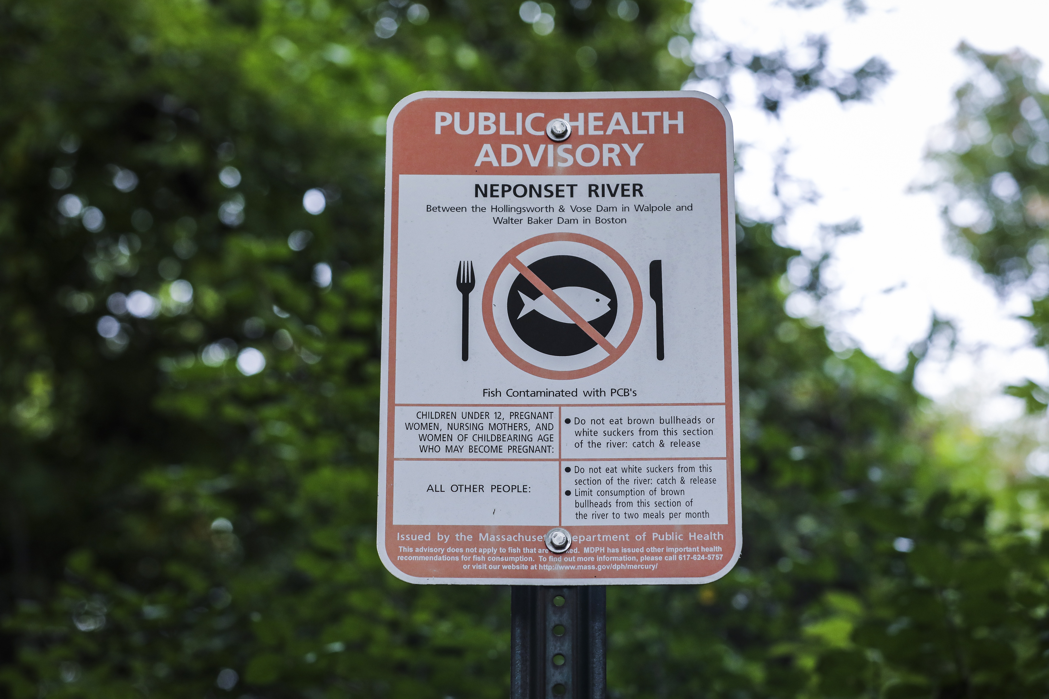 A sign near the Neponset River along Truman Parkway, warning visitors of the high levels of PCBs.