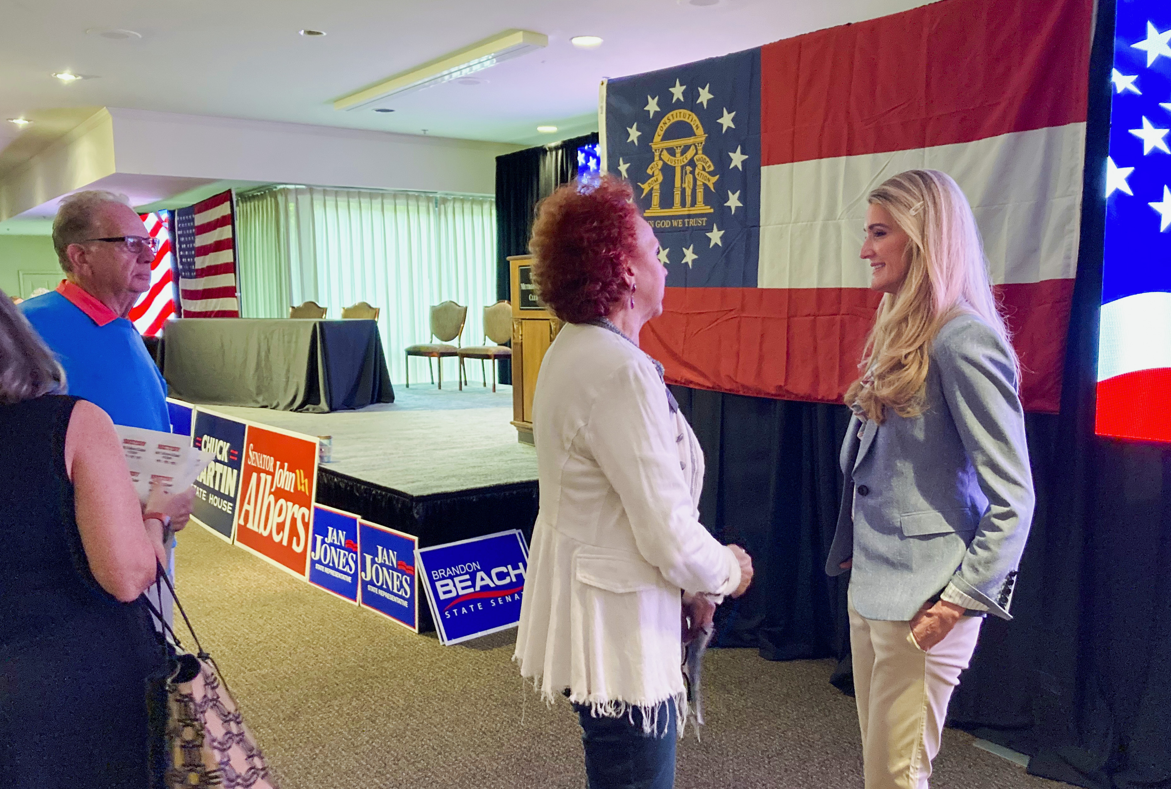 Former senator Kelly Loeffler greeted Republican activists on April 17 ahead of the Fulton County Republican Party convention in Alpharetta, Ga.