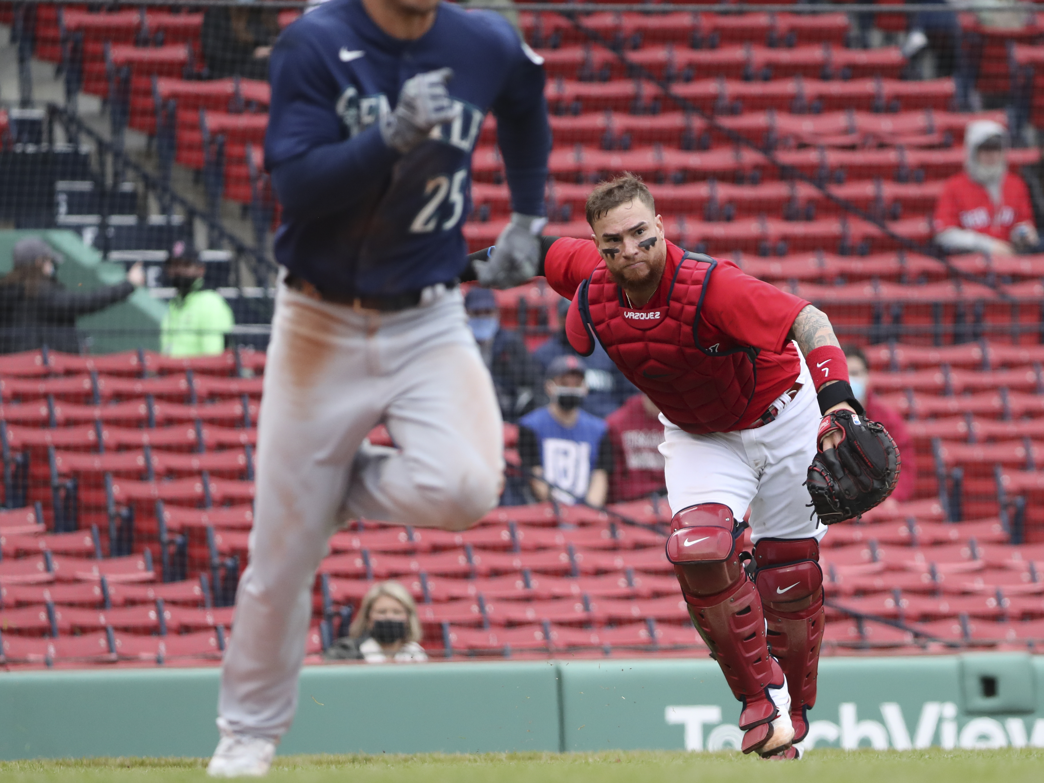 St. Petersburg, United States. 01st Aug, 2021. Boston Red Sox players clap  from the dugout after catcher Christian Vazquez makes a living catch on a  pop fly in foul territory hit by