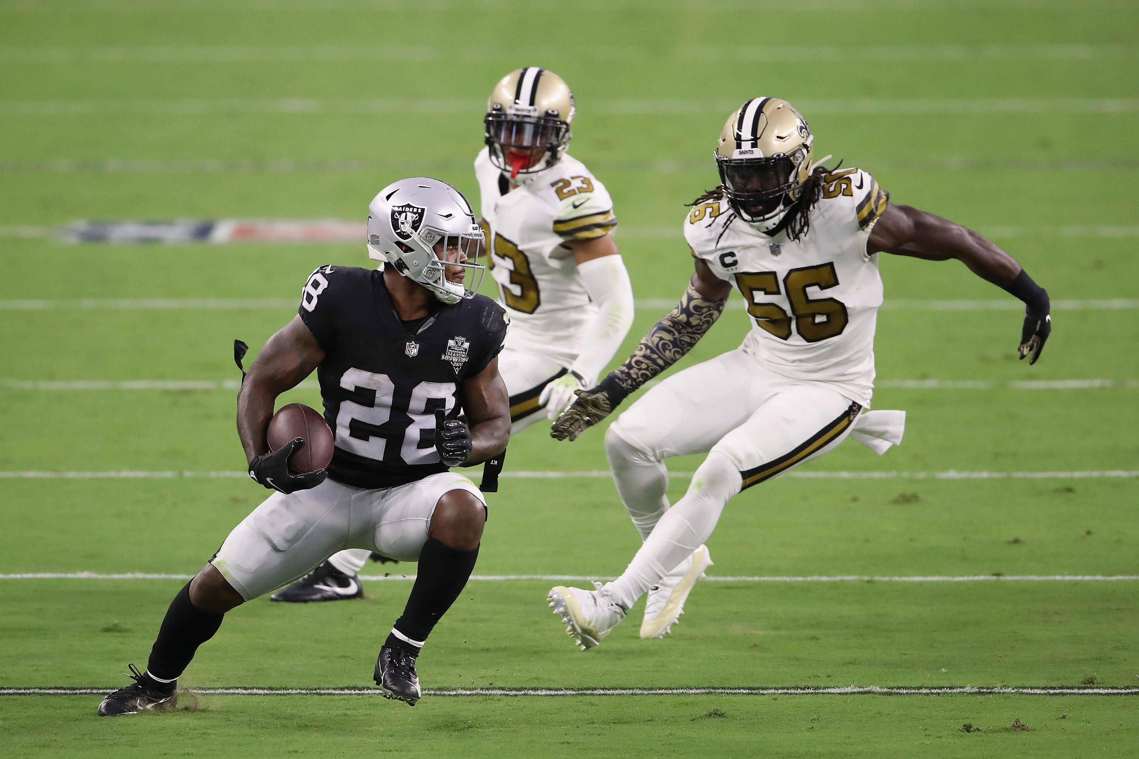 Josh Jacobs (left) had 88 yards on 27 carries against the Saints last Monday.