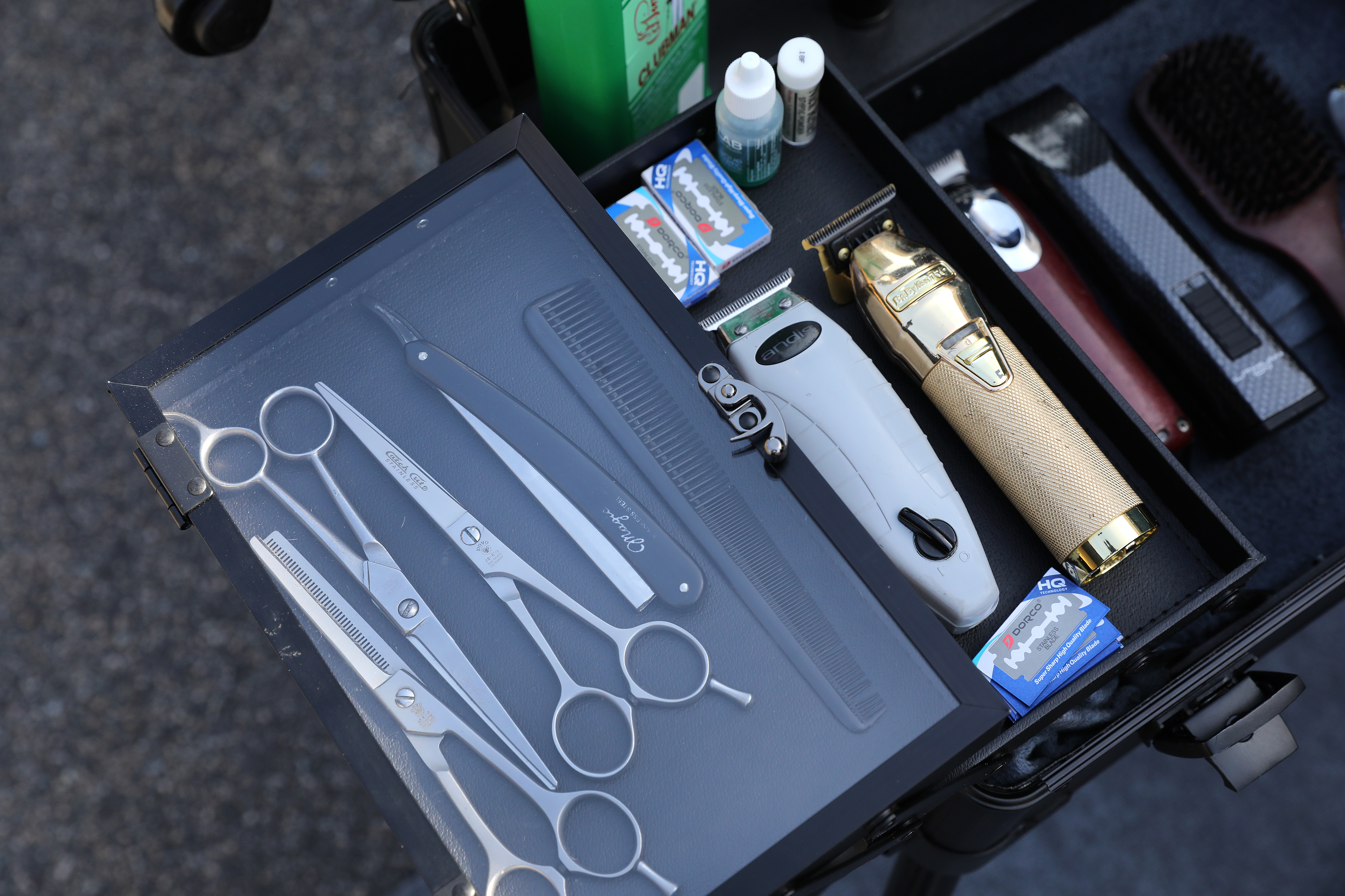 Supplies in the mobile barbershop.