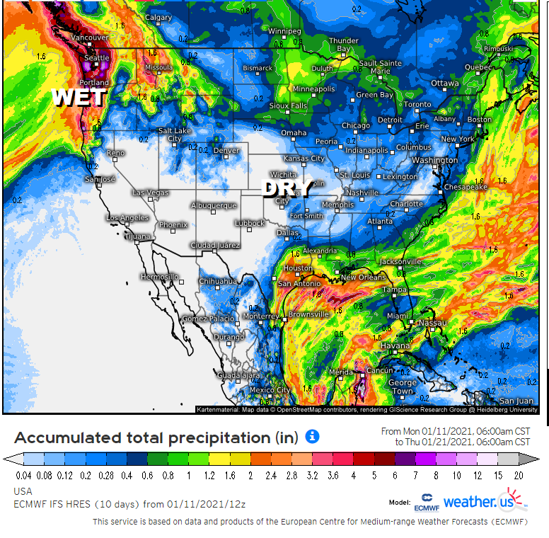 The heaviest precipitation into the next week remains over the South and West.