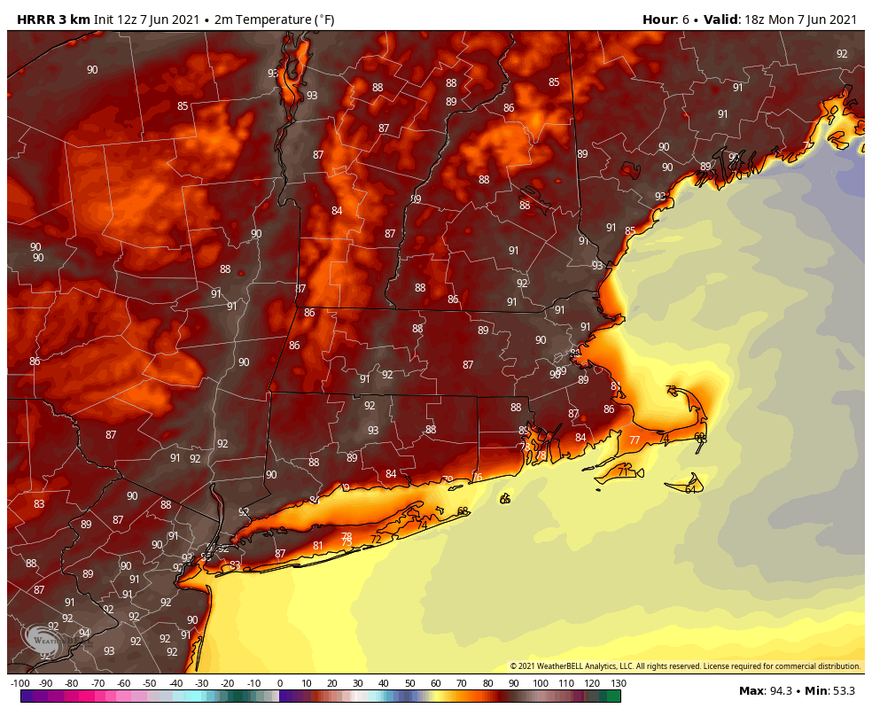 Expect lots of 90 degree weather Monday from the mid-Atlantic to Maine.