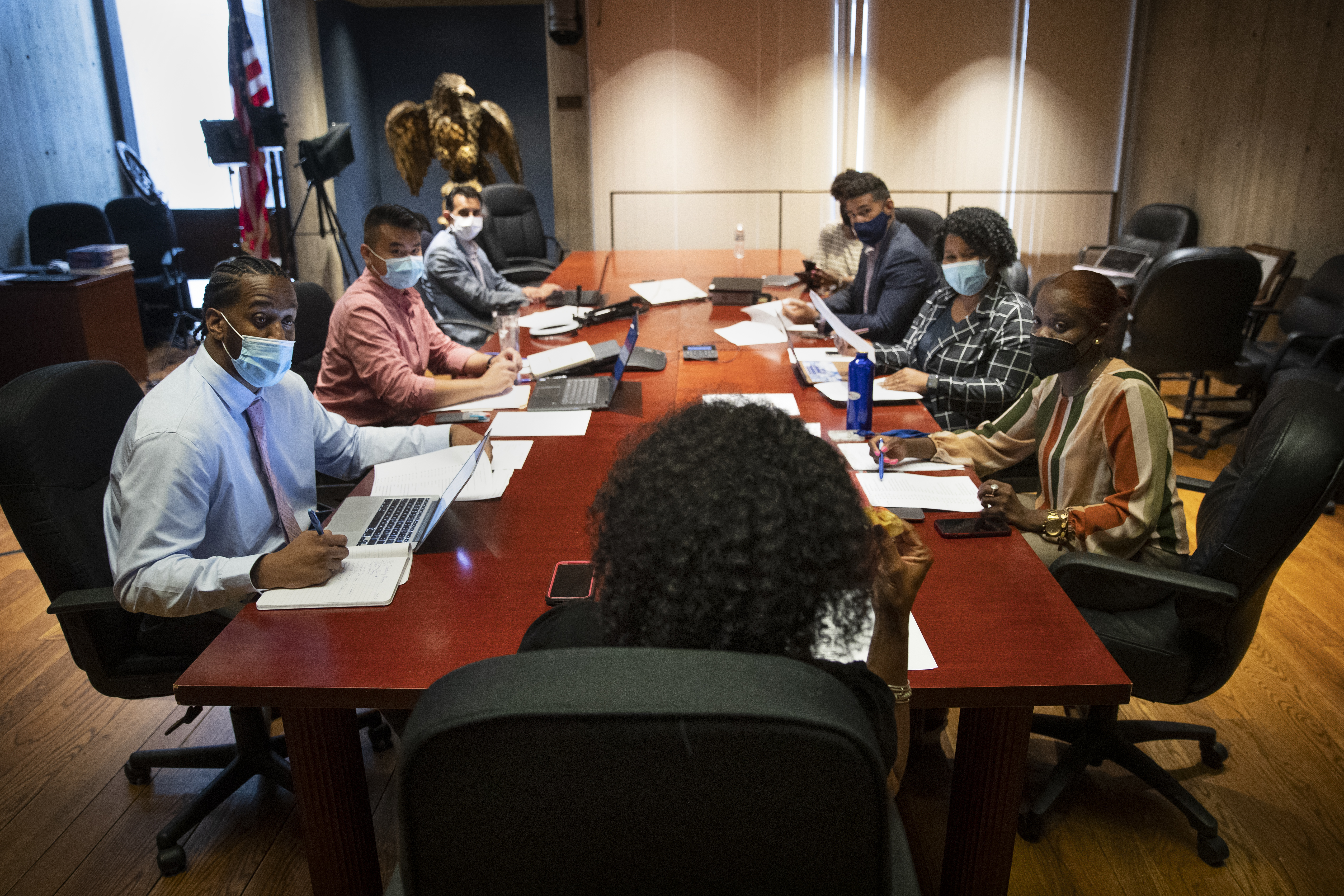 Boston Acting Mayor Kim Janey discusses upcoming schedules during a staff meeting at City Hall on Aug. 3, 2021.