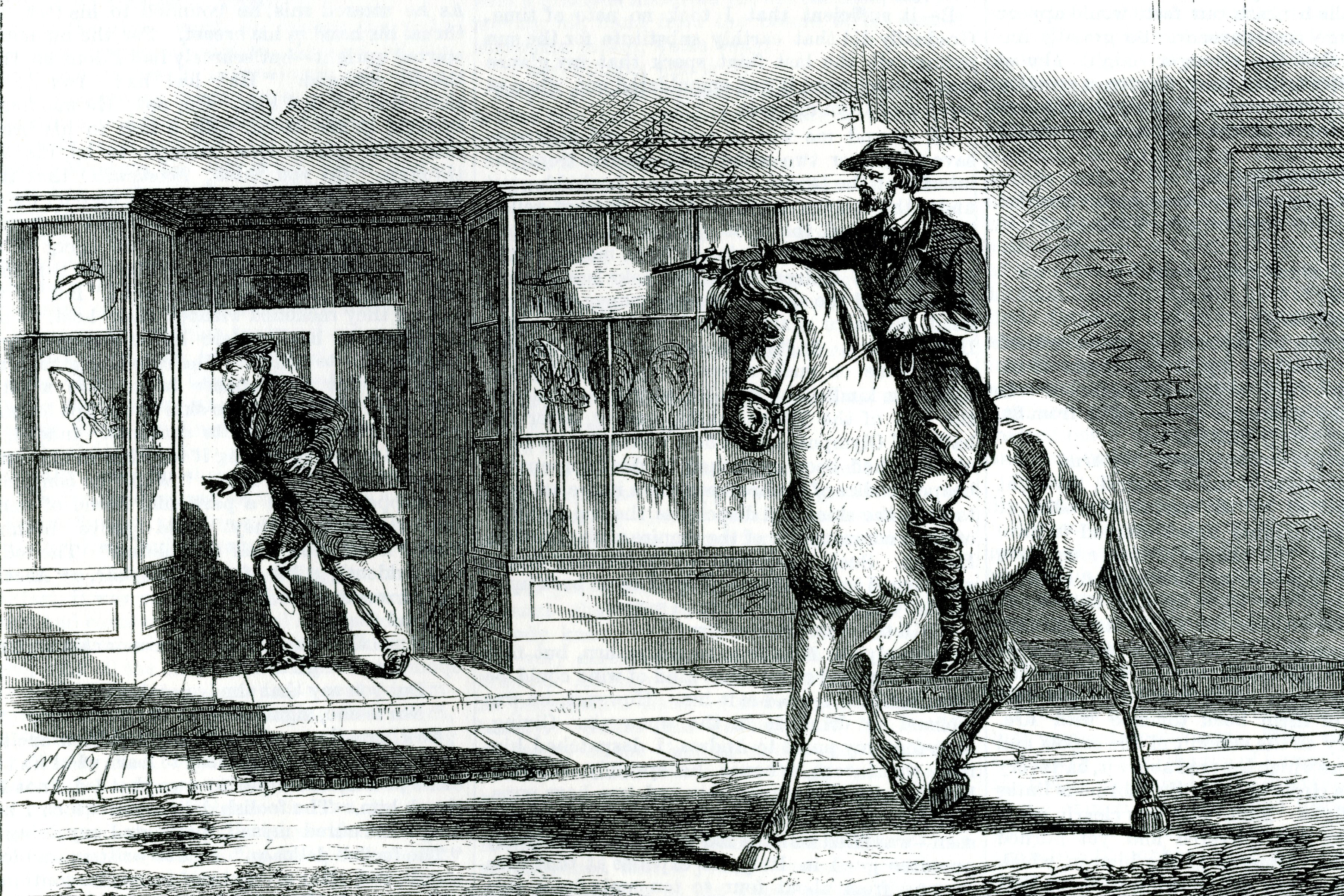 An old editorial illustration depicts Elinus Morrison being shot outside Miss Beattie’s Millinery Store by either Lt. Bennett Young or fellow raider Almanda Pope Bruce. The building is across from St. Albans City Hall. Morrison, 55, a contractor from Manchester, N.H., was in town on a construction project at the Welden House at the corner of Bank Street and Maiden Lane, just behind the building where he was shot. Morrison died two days later, the only known fatality of the raid. Coincidentally it was said of Morrison that he was “the only southern sympathizer in town.” He left a widow and five children and was buried in his hometown.
CREDIT: VERMONT HISTORICAL SOCIETY (these images originally appeared in Frank Leslie's magazine)