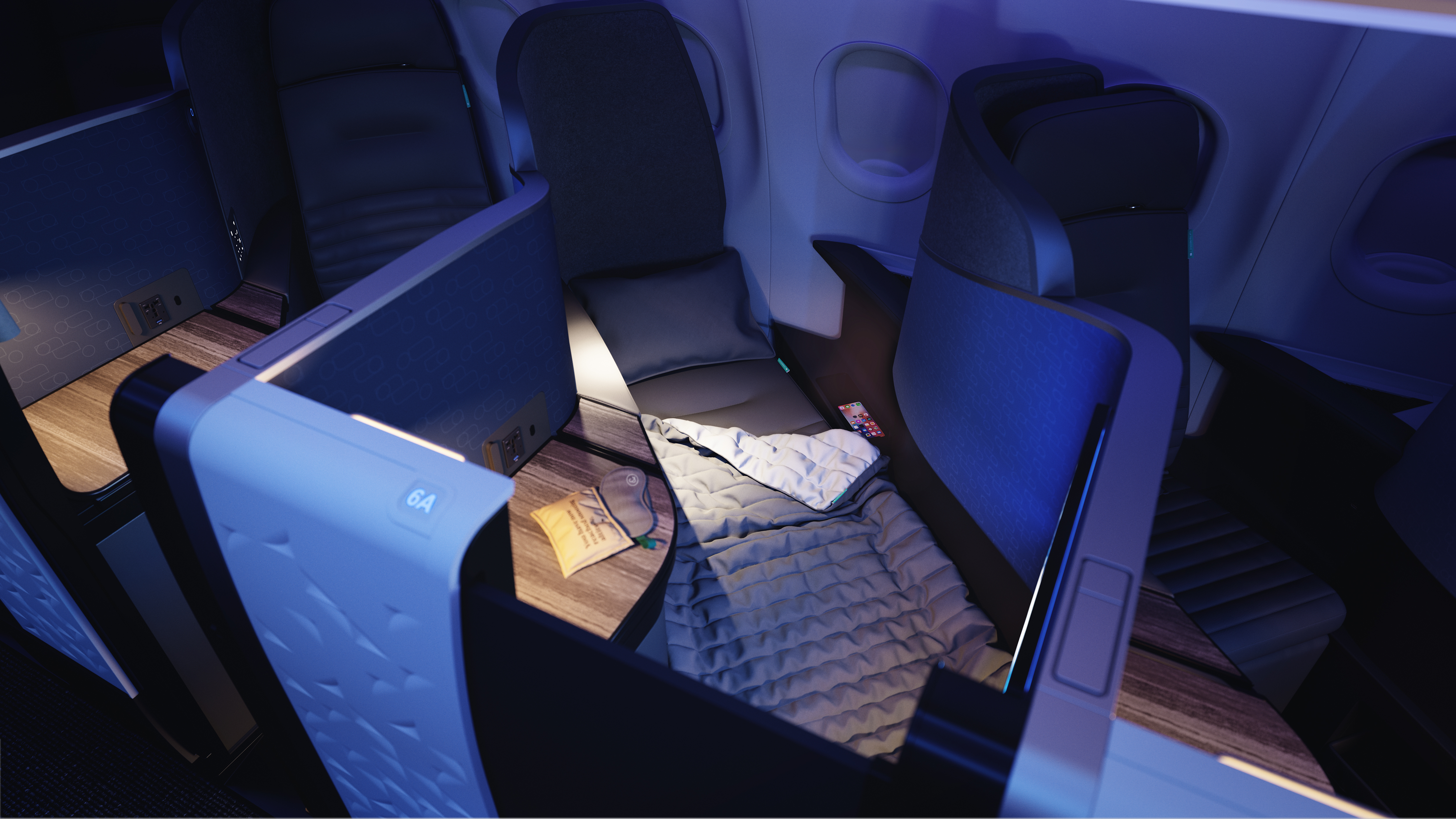 A JetBlue Mint suite category seat in lie-flat position. The designer of the reimagined business class category said the seat is made by a mattress manufacturer.