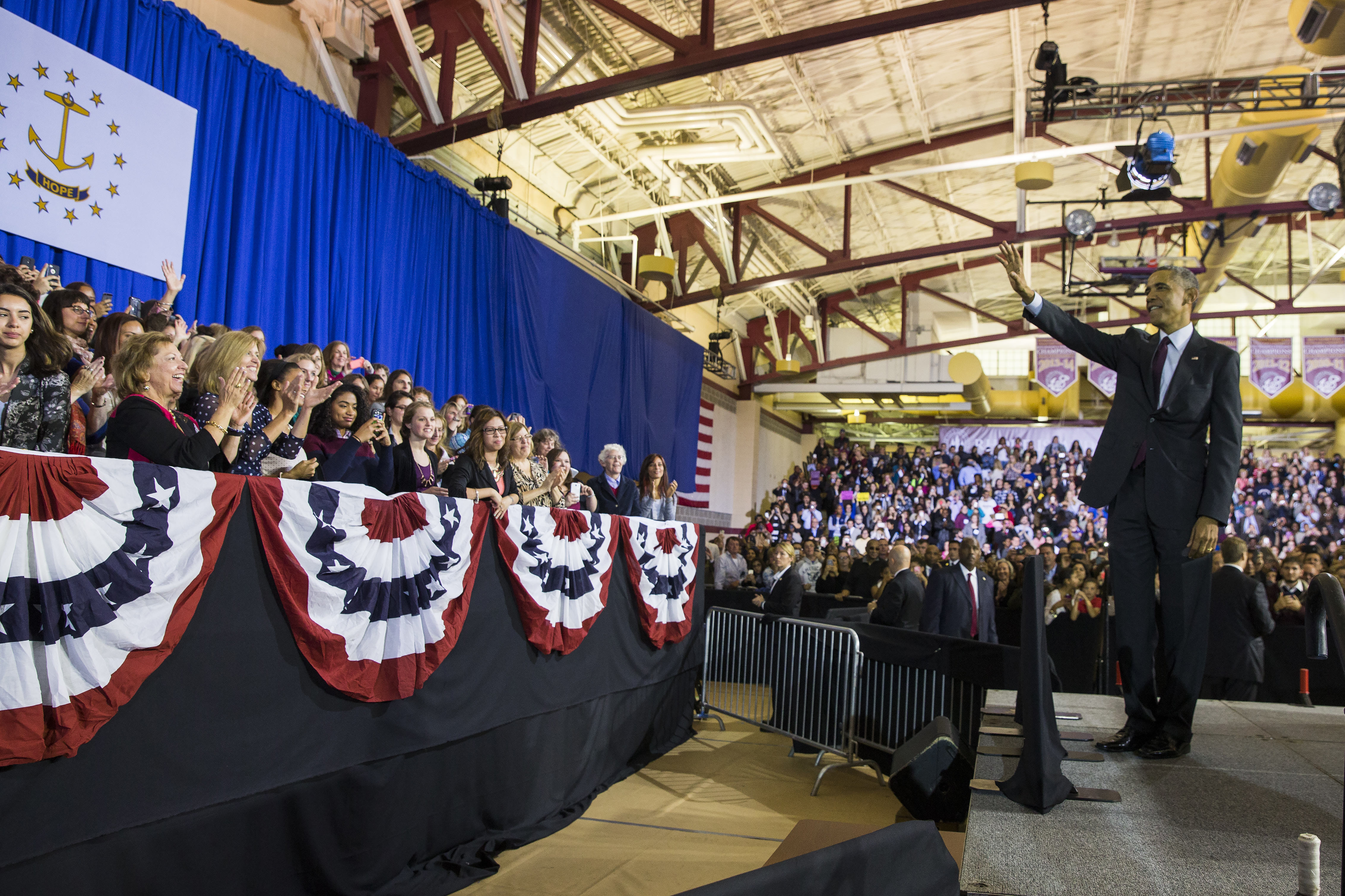 President Obama waved to guests after speaking about the economy at Rhode Island College in Providence in October 2014.