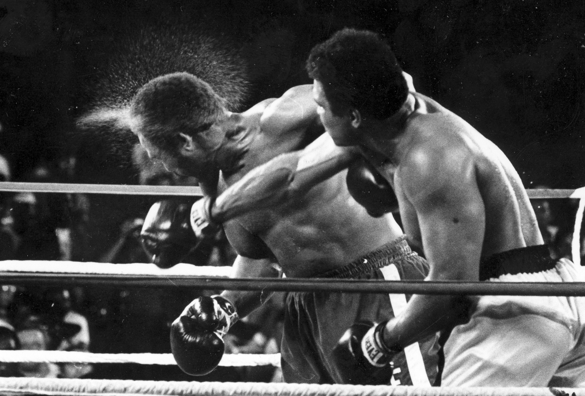 Muhammad Ali lands one on the head of George Foreman in Kinshasa, Zaire, on Oct. 30, 1974.