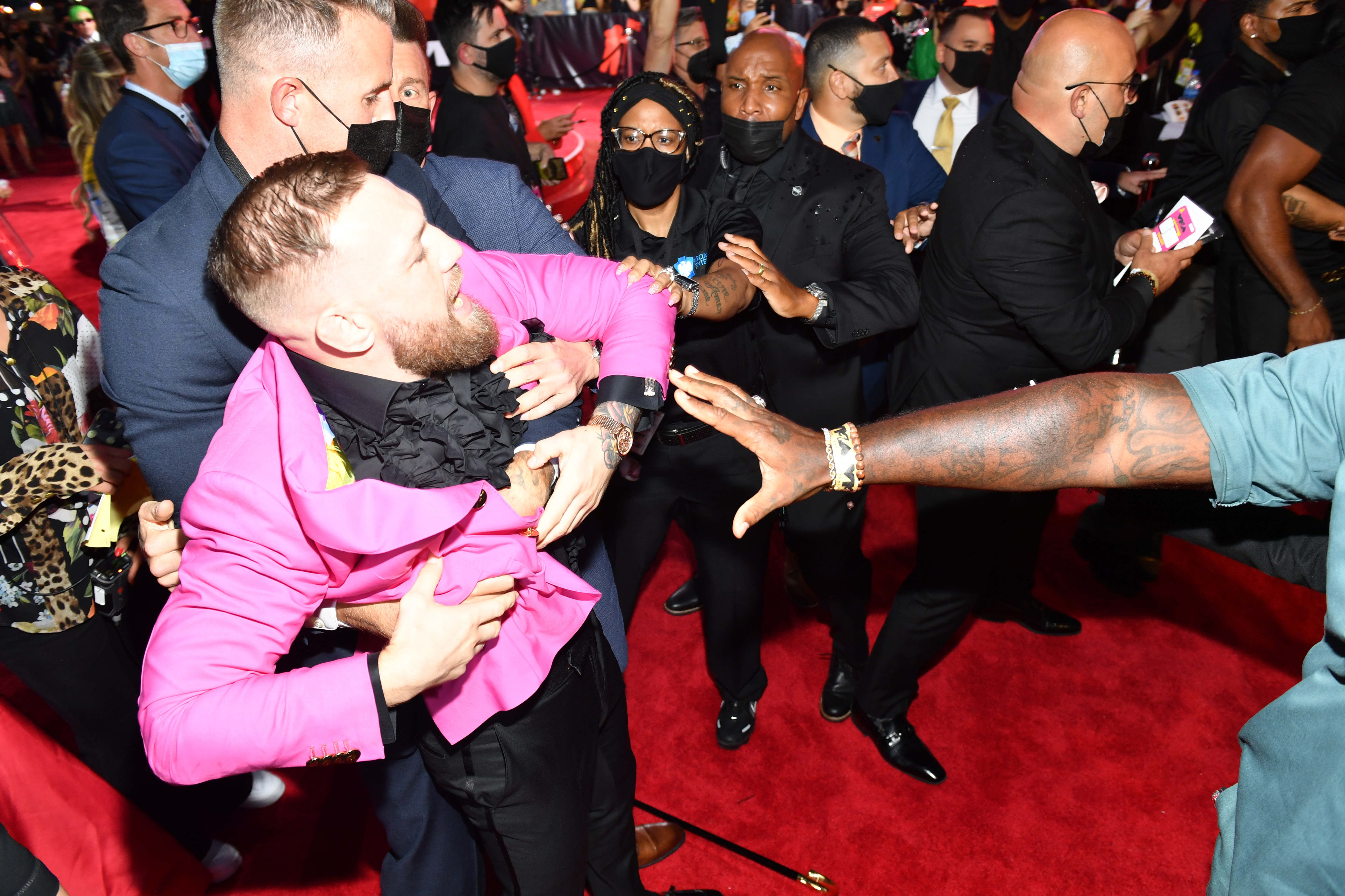 Conner McGregor appeared to be restrained outside the 2021 MTV Video Music Awards in New York City, Sunday. (Photo by Noam Galai/Getty Images for MTV/ViacomCBS)