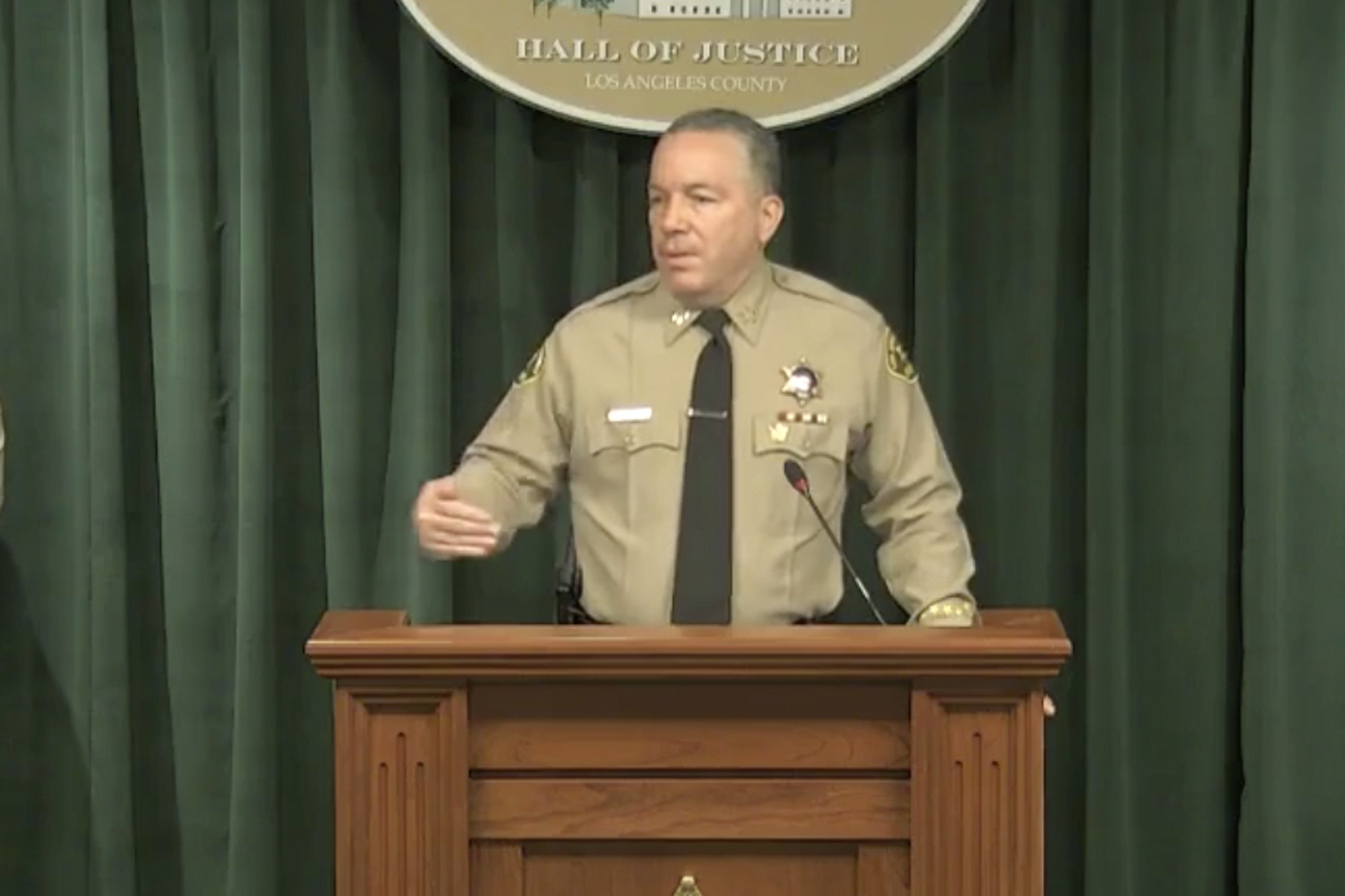 Sheriff Alex Villanueva speaks during a news conference about the Tiger Woods' accident Wednesday in Los Angeles.