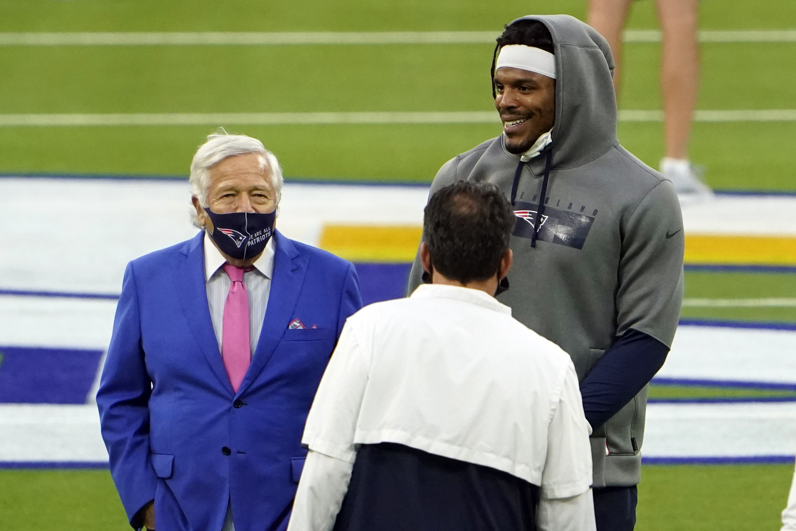 Robert Kraft and Cam Newton chat before a game against the Rams last December.