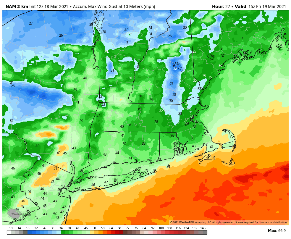 Winds will gust towards 40 miles per hour early Friday as the storm passes south of New England.