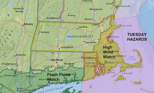 There are wind and flood watches posted for the northeast for later Tuesday.