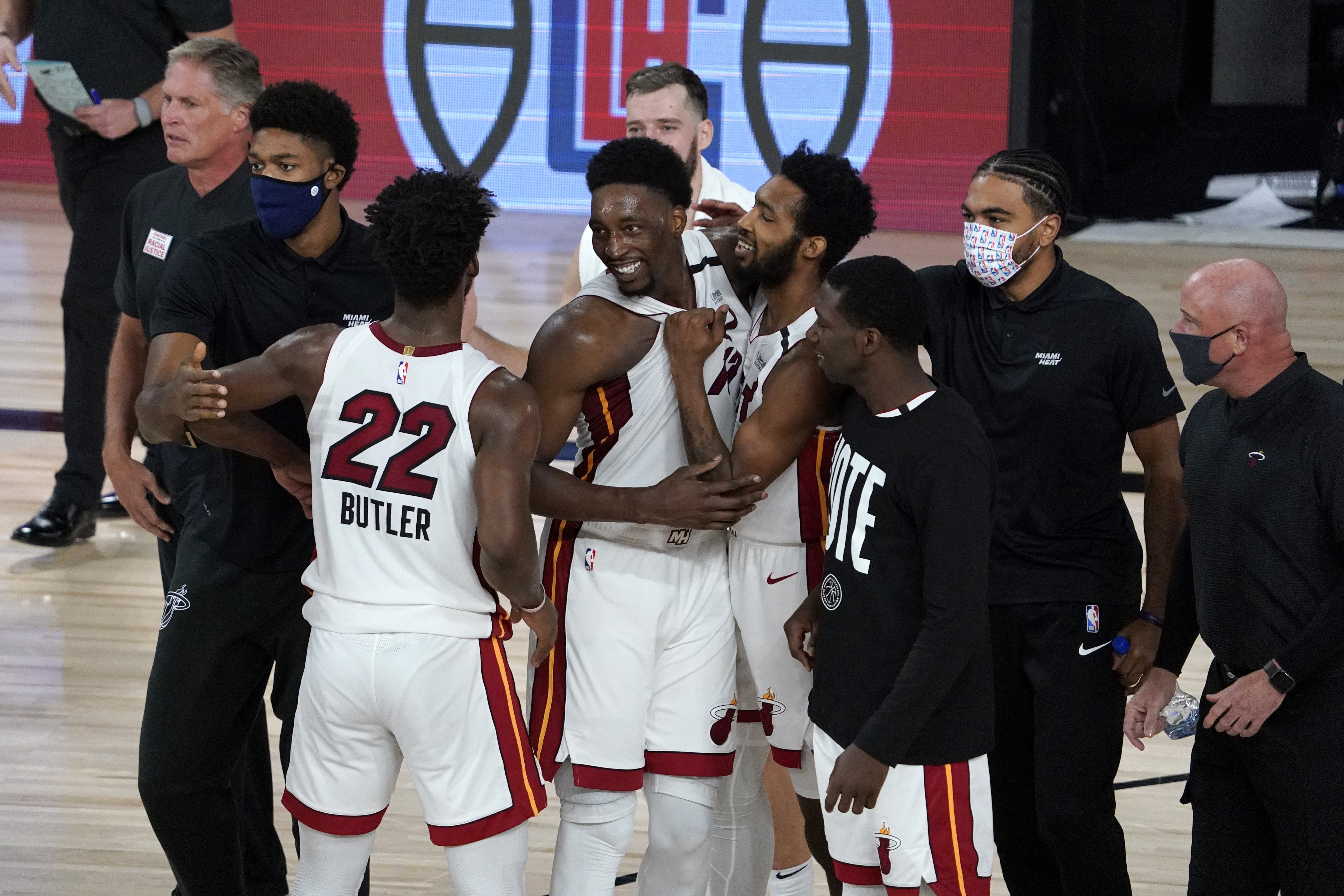 The Heat celebrate Tuesday's playoff win.