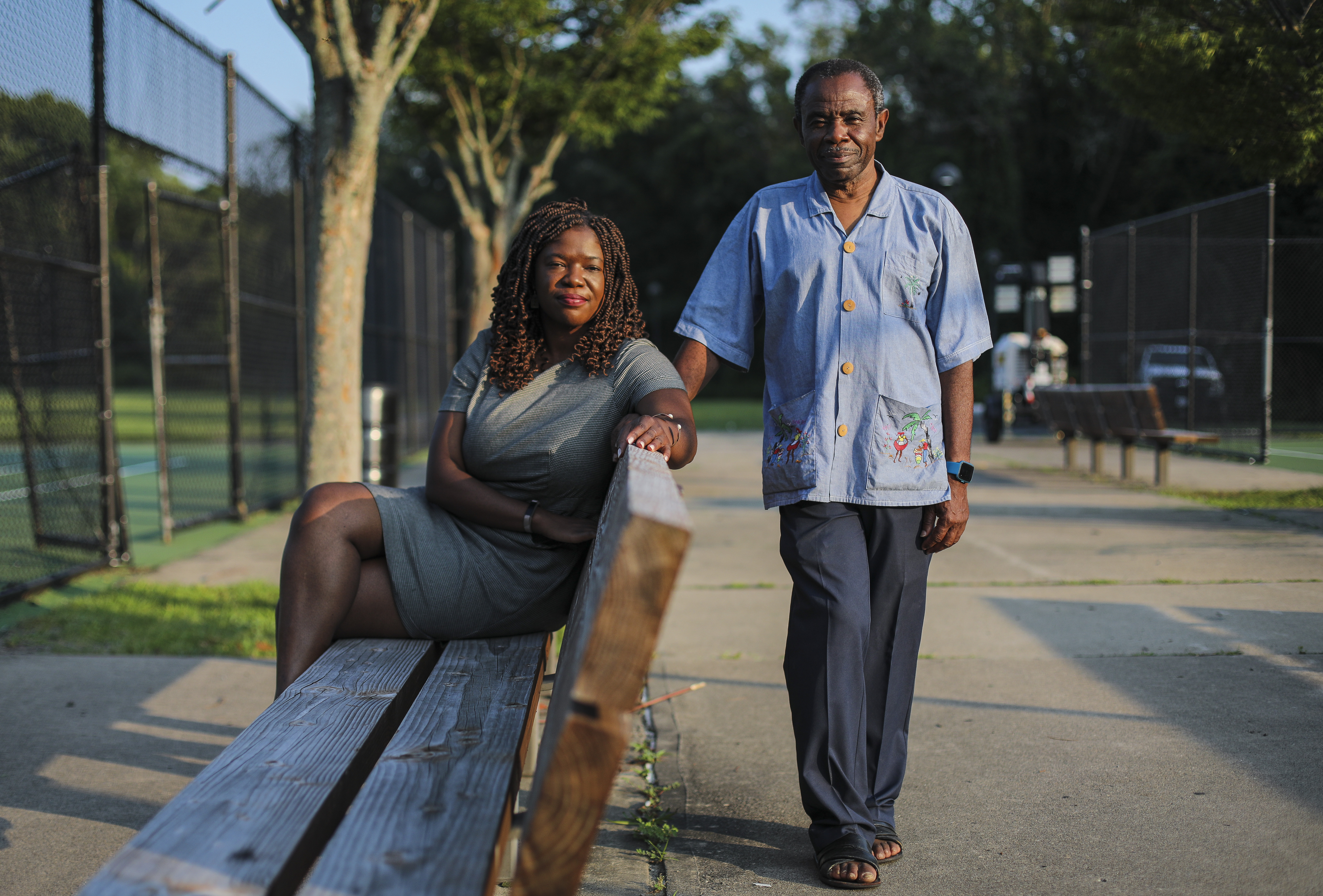 Ruthzee Louijeune, a Haitian American candidate for councilor at-large, was joined by her father, Robert Louijeune, near the Ryan Playground, a park that she frequented as a child.