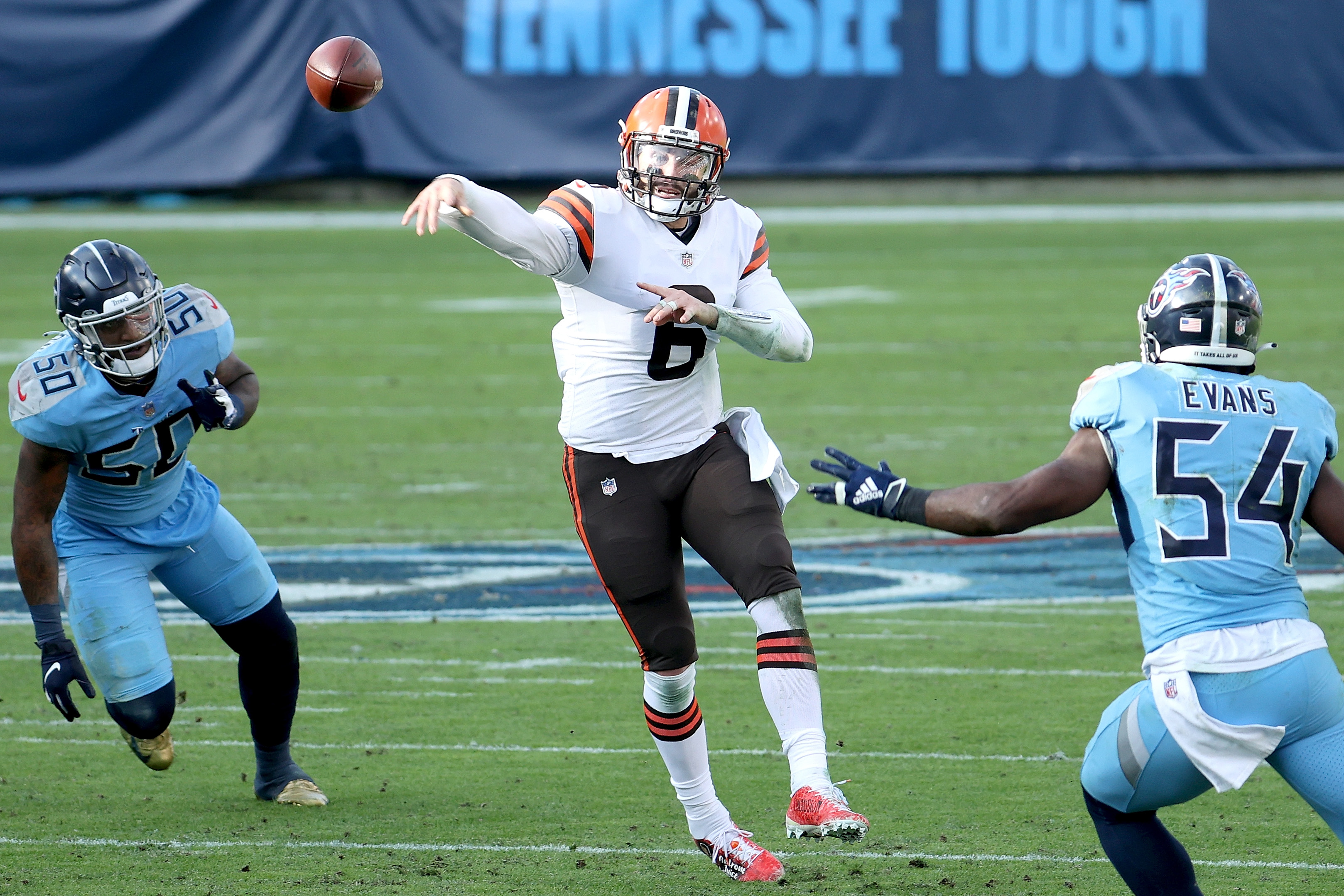 Baker Mayfield of the Cleveland Browns throws a first half pass while