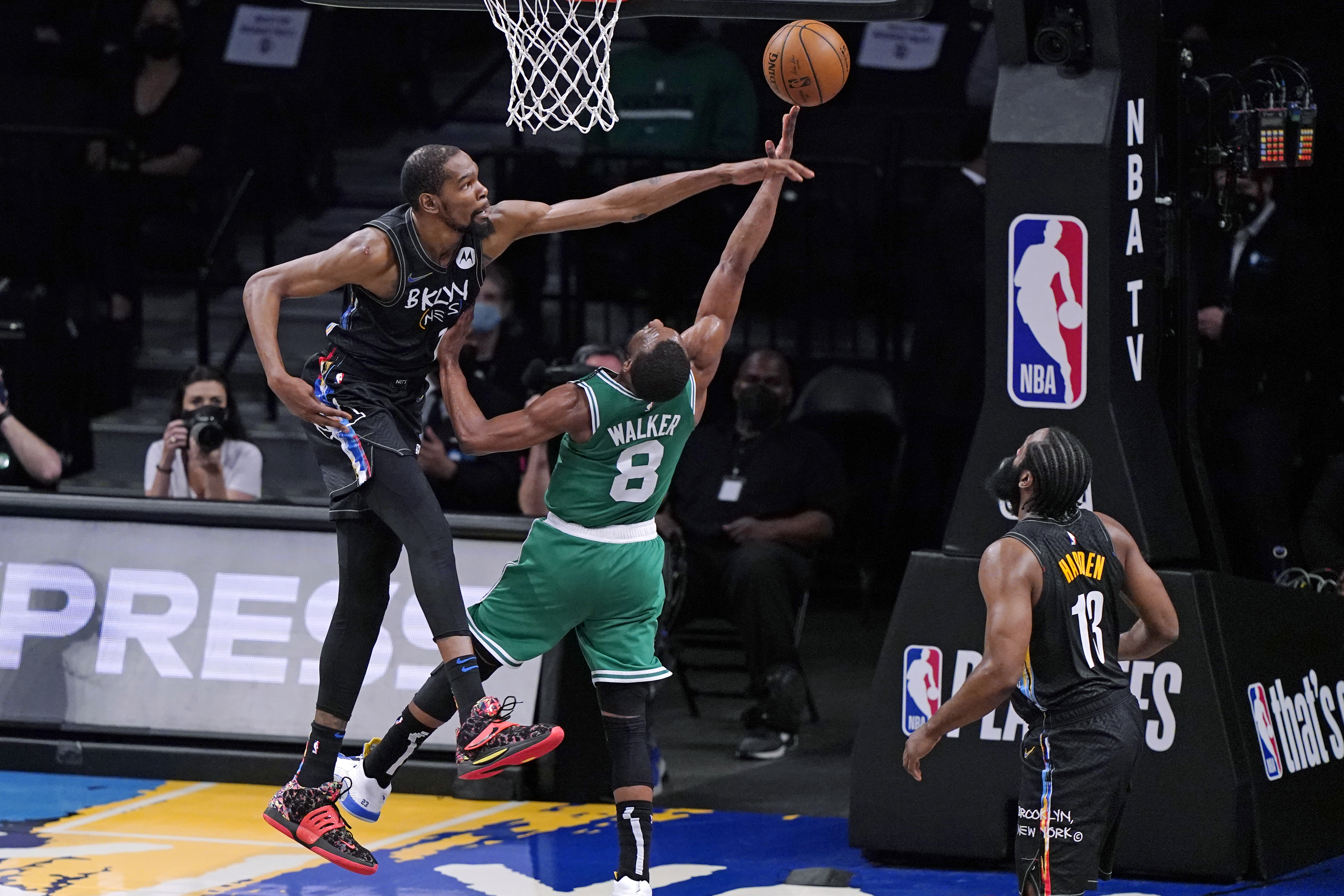 Kevin Durant blocks a shot from Kemba Walker in the second half of Tuesday's Game 3.